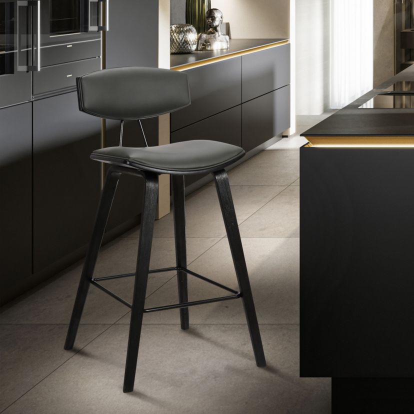 Fox 25.5" Counter Height Grey Faux Leather and Black Wood Mid-Century Modern Bar Stool