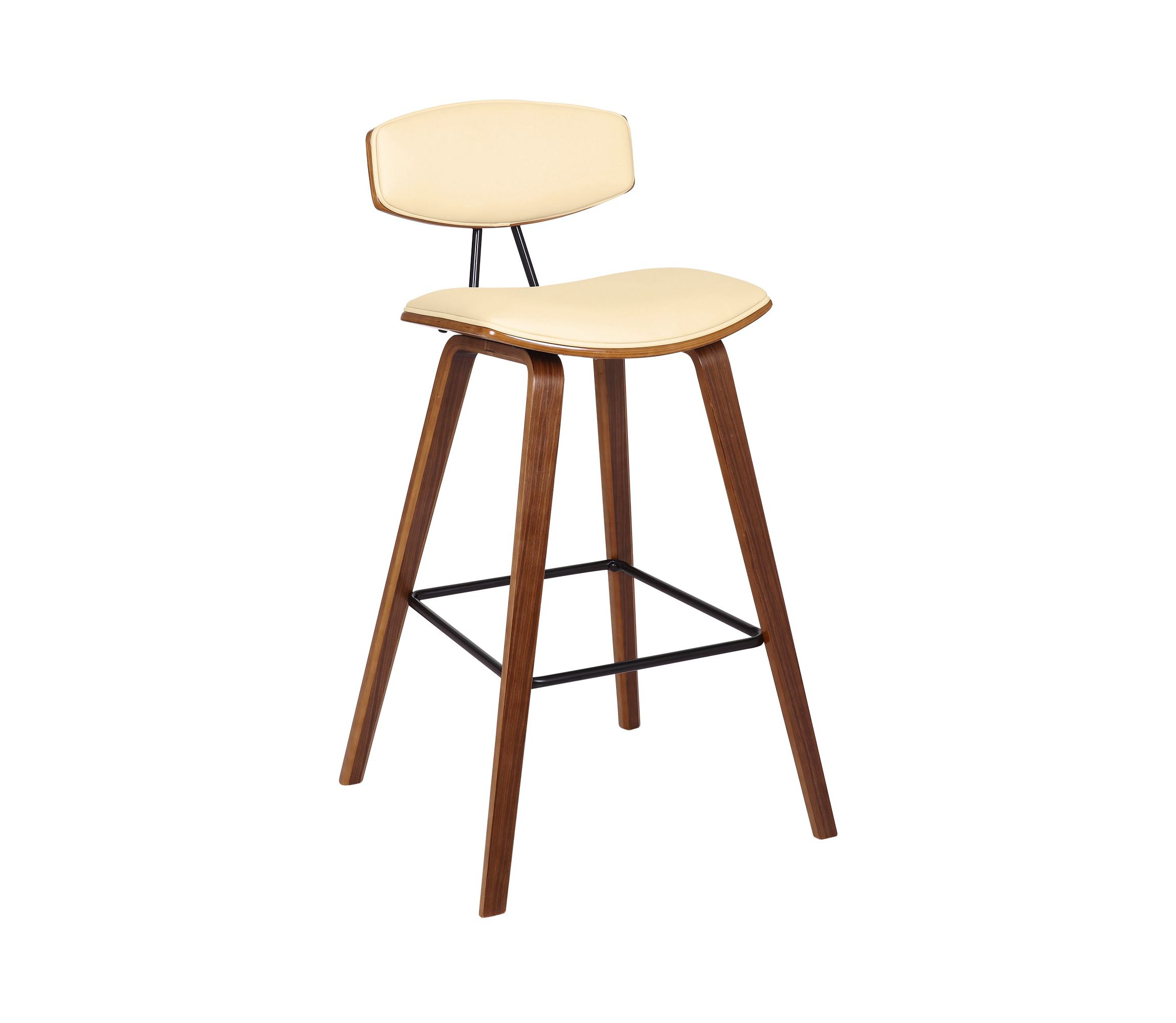 Fox 28.5" Bar Height Cream Faux Leather and Walnut Wood Mid-Century Modern Bar Stool