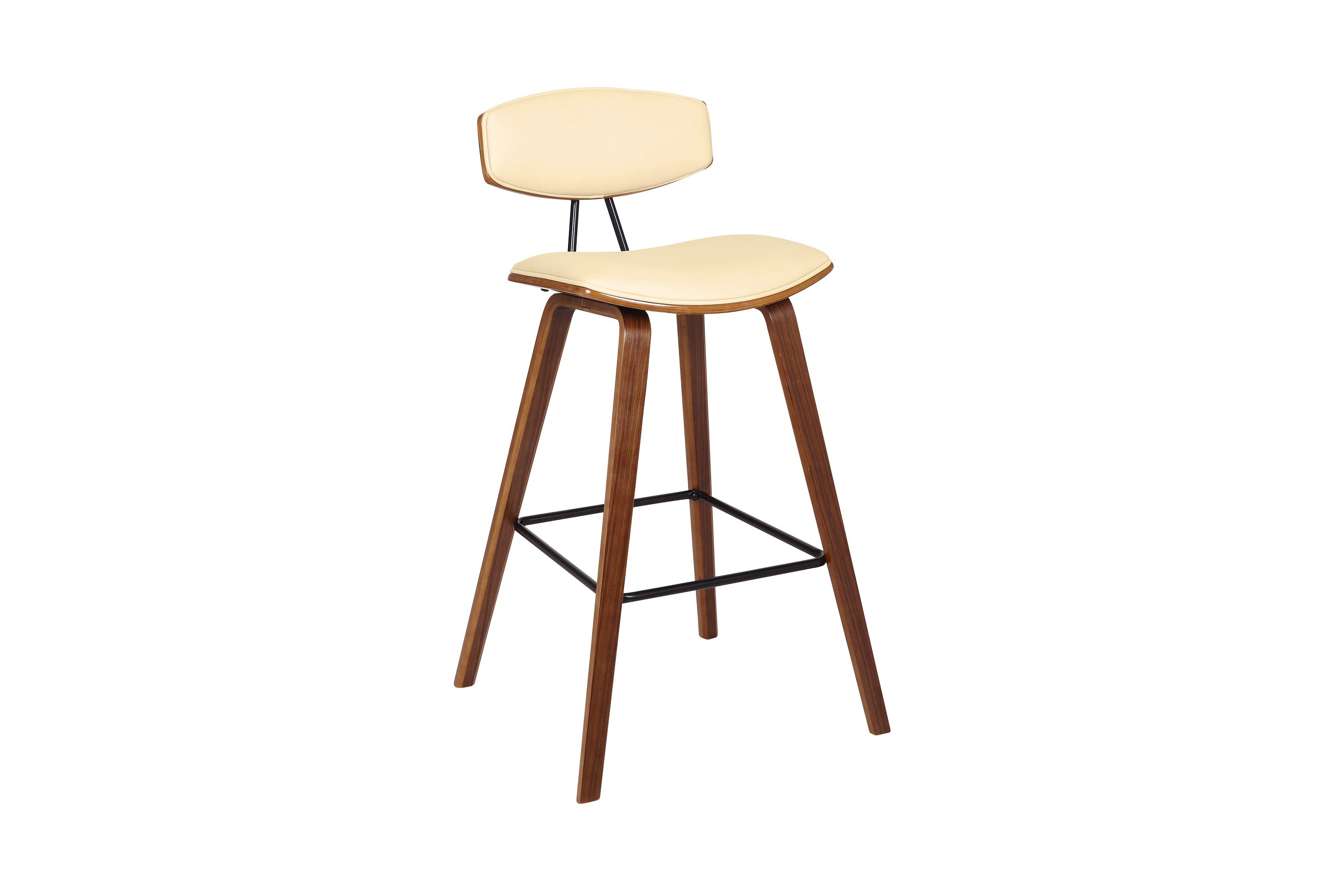 Fox 28.5" Bar Height Cream Faux Leather and Walnut Wood Mid-Century Modern Bar Stool