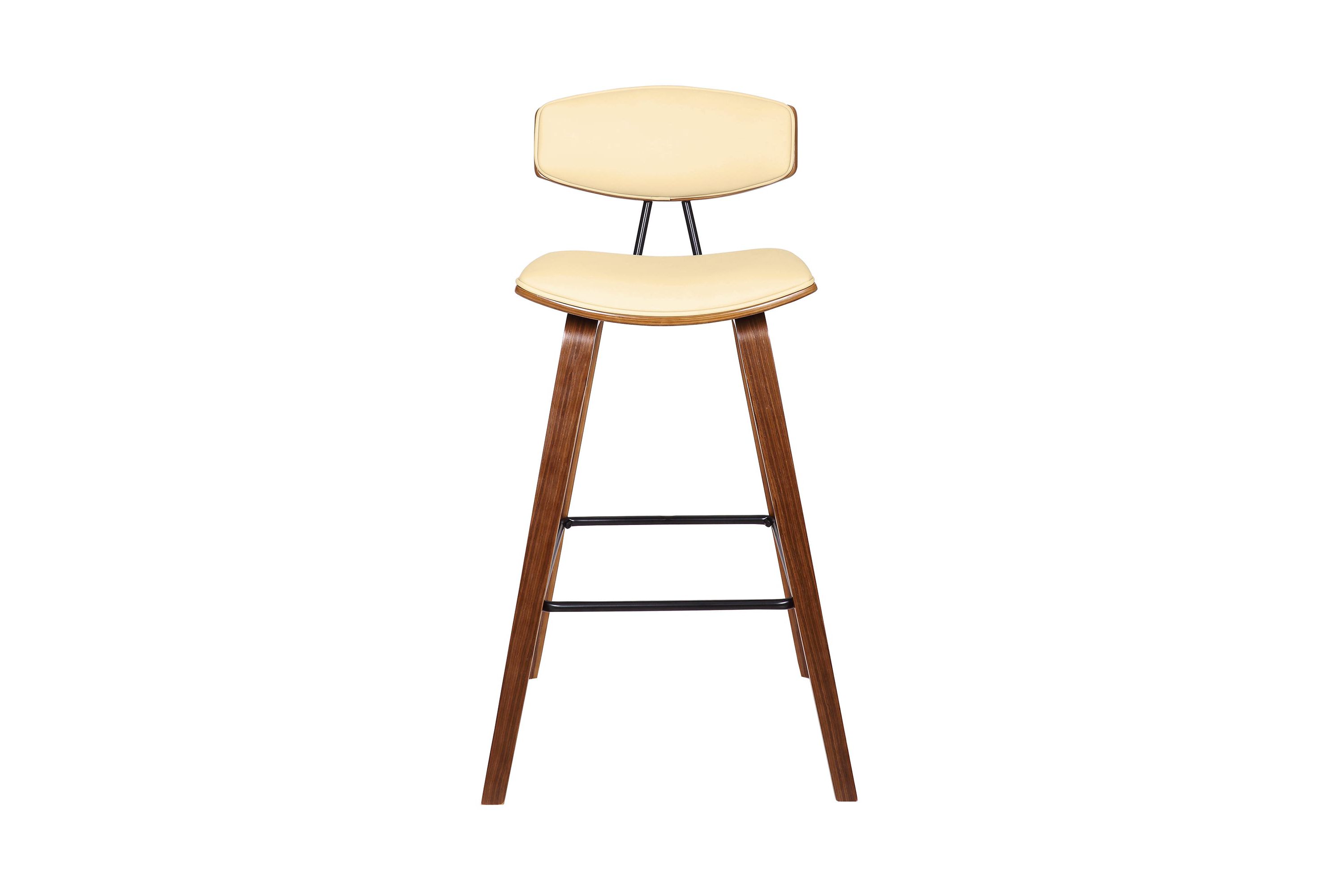 Fox 28.5" Bar Height Cream Faux Leather and Walnut Wood Mid-Century Modern Bar Stool