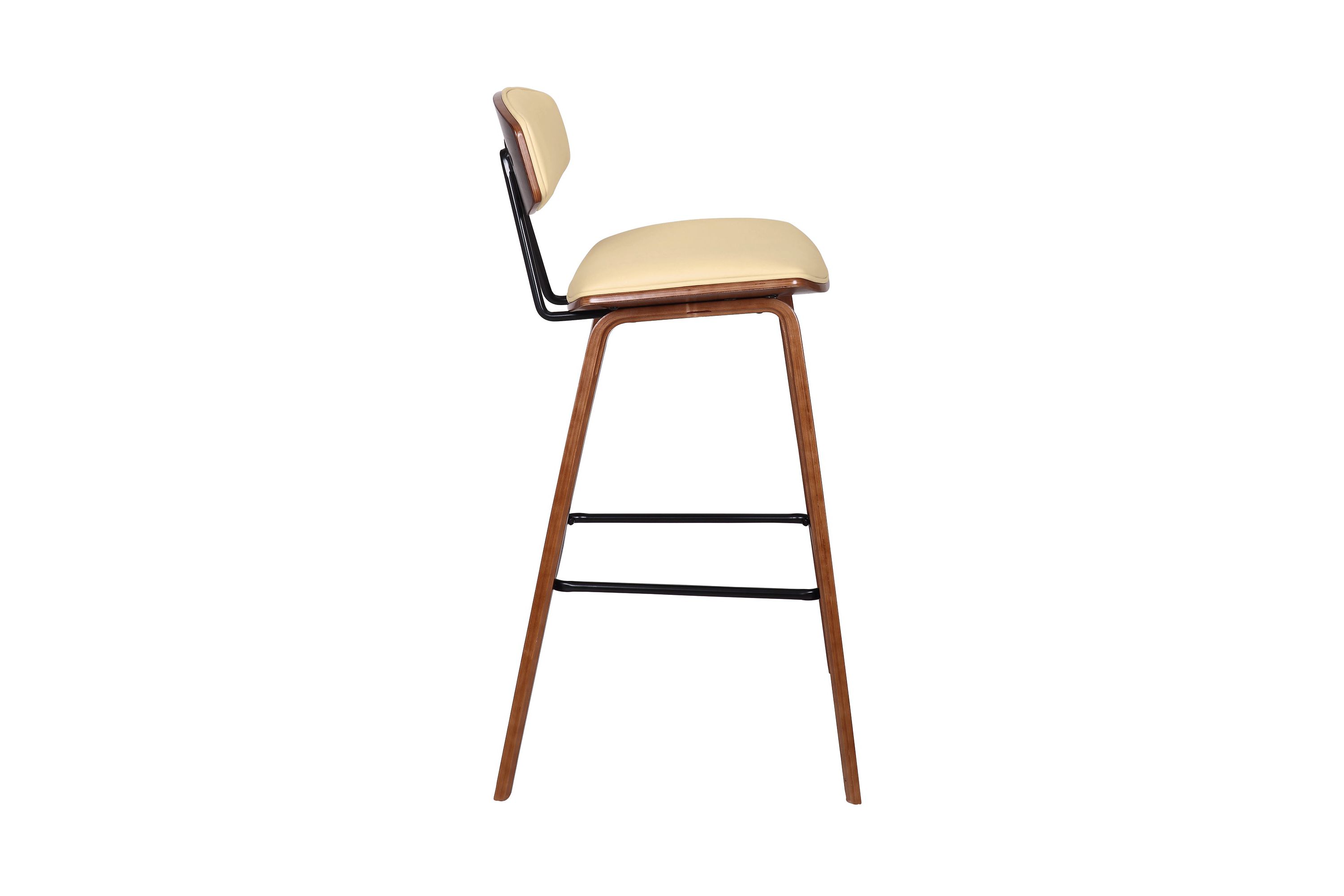 Fox 28.5" Bar Height Cream Faux Leather and Walnut Wood Mid-Century Modern Bar Stool