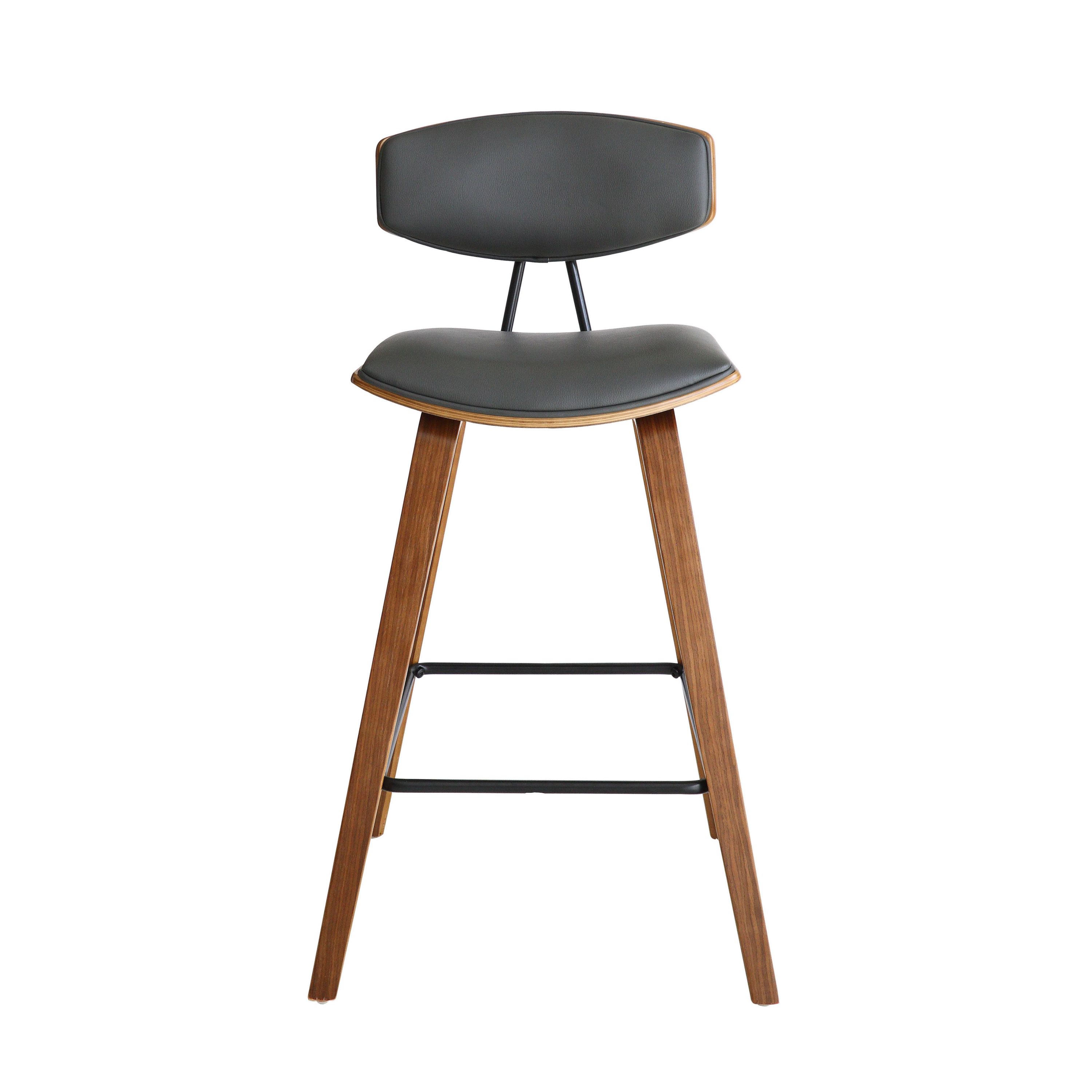 Fox 28.5" Bar Height Grey Faux Leather and Walnut Wood Mid-Century Modern Bar Stool