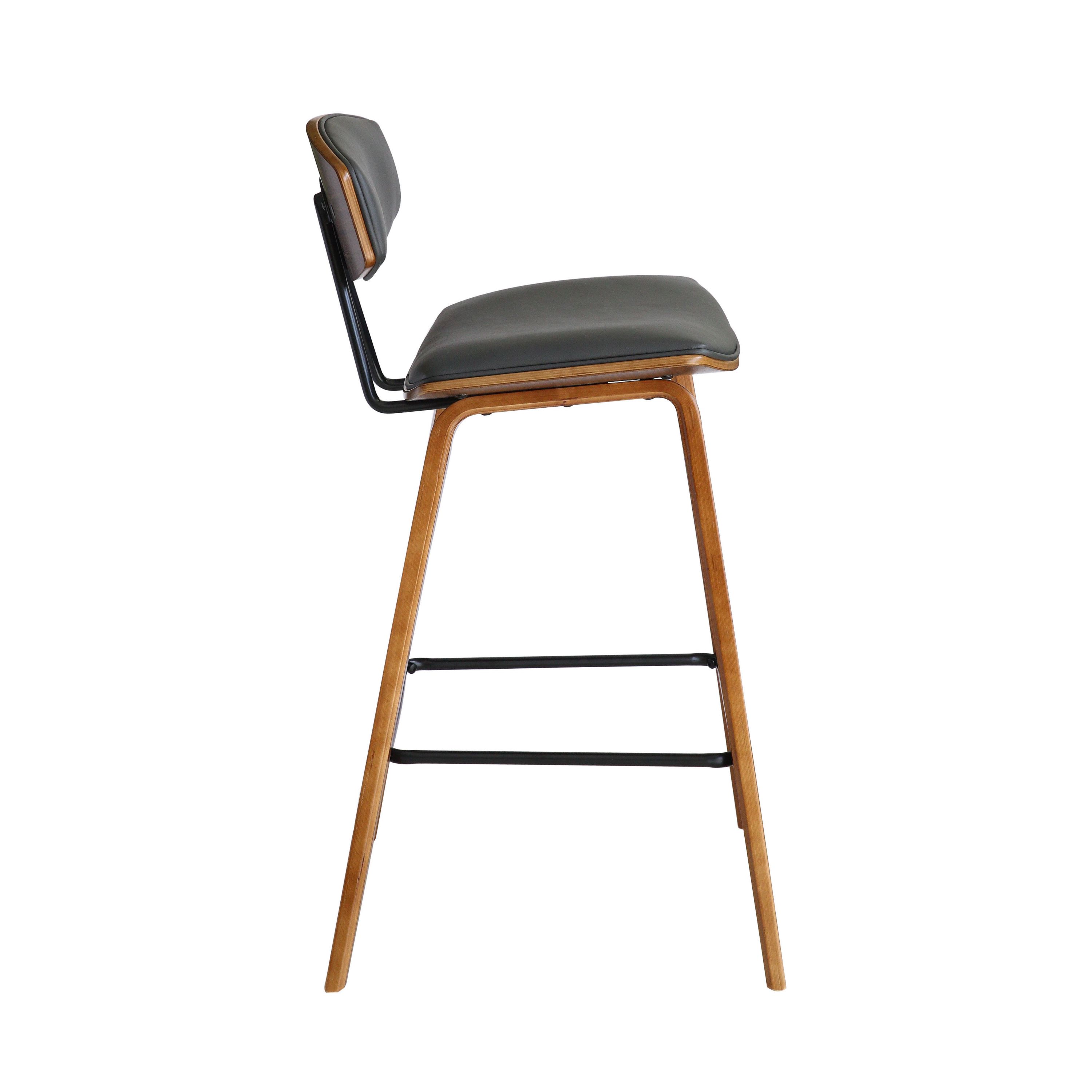 Fox 28.5" Bar Height Grey Faux Leather and Walnut Wood Mid-Century Modern Bar Stool