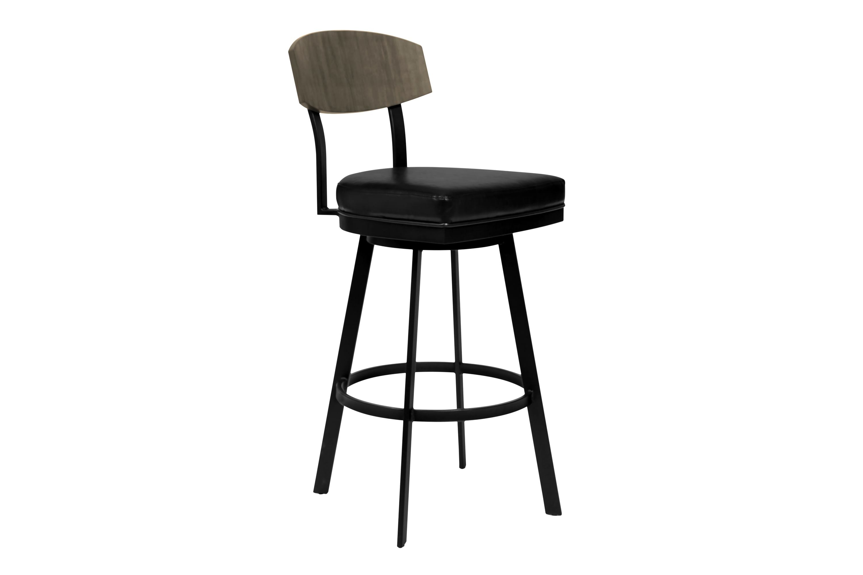 Frisco 30" Bar Height Barstool in Matte Black Finish with Black Faux Leather and Gray Walnut