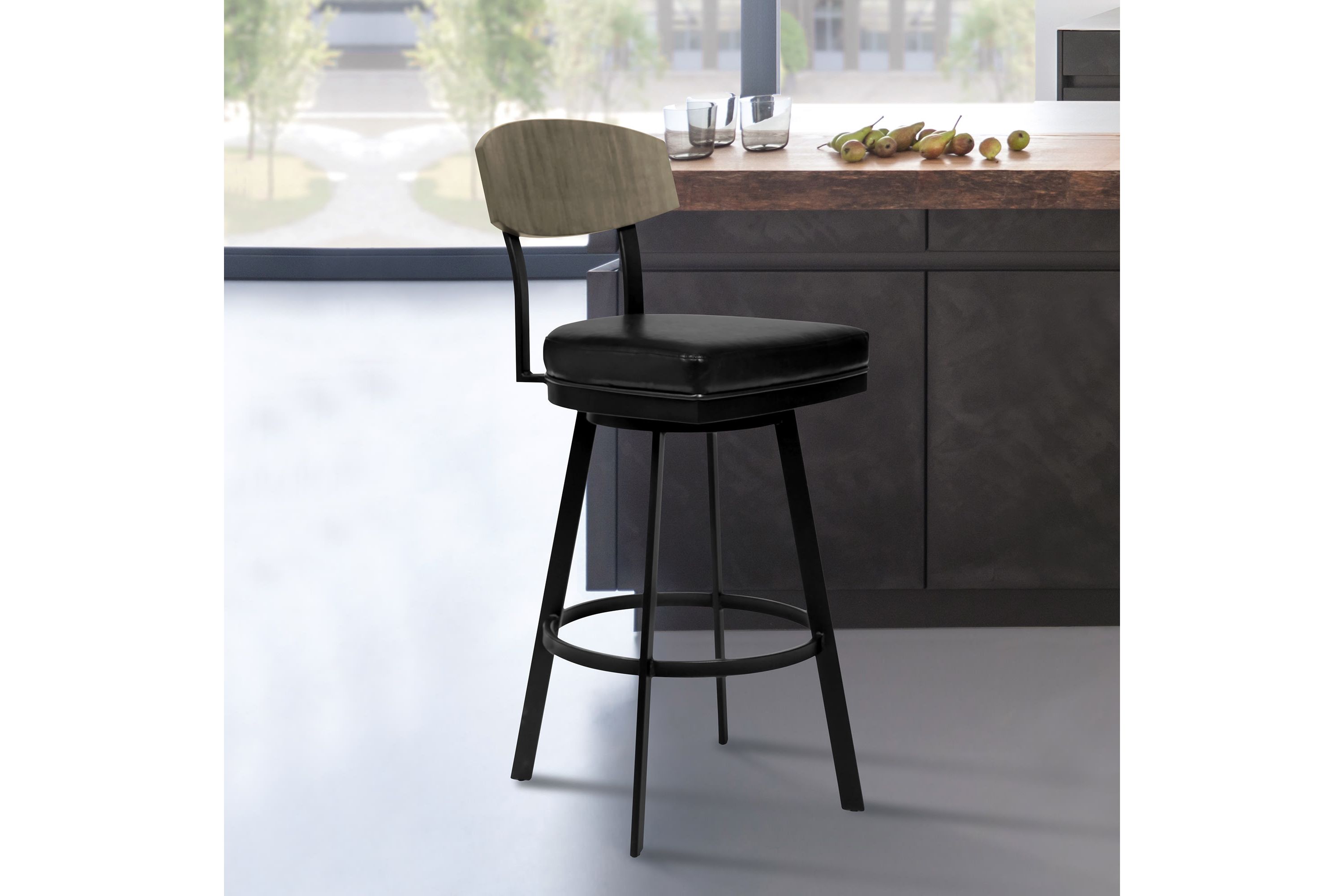 Frisco 30" Bar Height Barstool in Matte Black Finish with Black Faux Leather and Gray Walnut