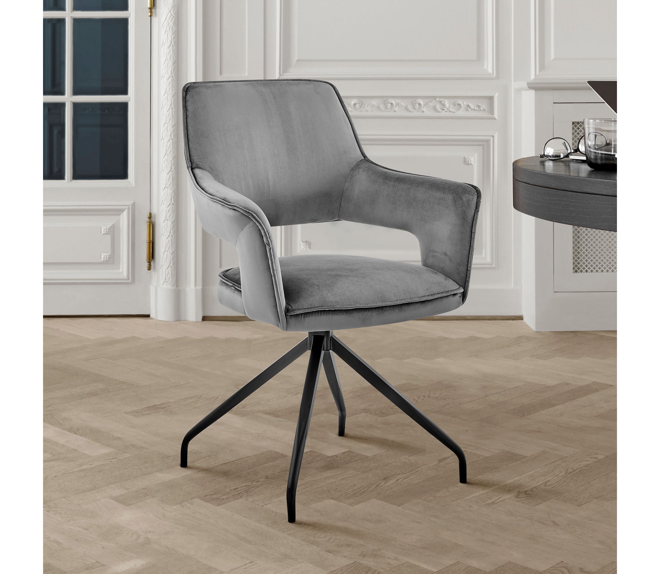 Hadley Dining Room Accent Chair in Gray Velvet with Black Finish
