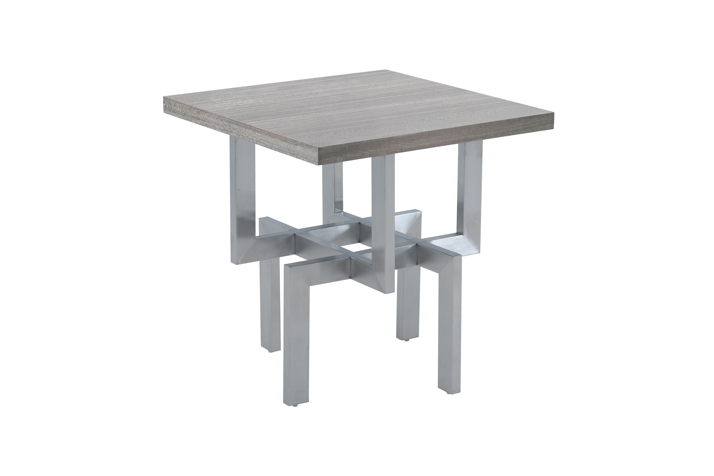 Illusion Gray Wood End Table with Brushed Stainless Steel Base