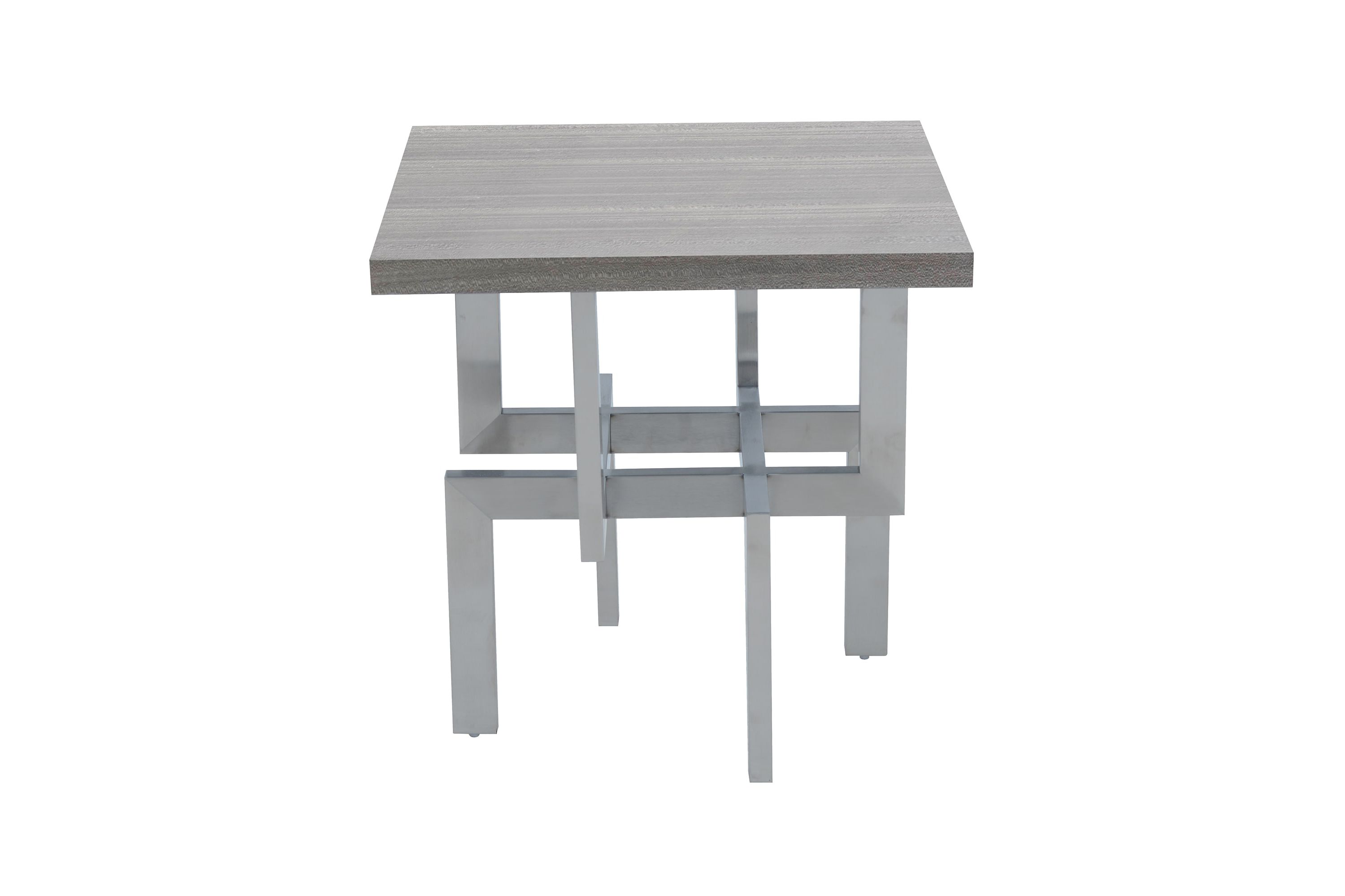 Illusion Gray Wood End Table with Brushed Stainless Steel Base