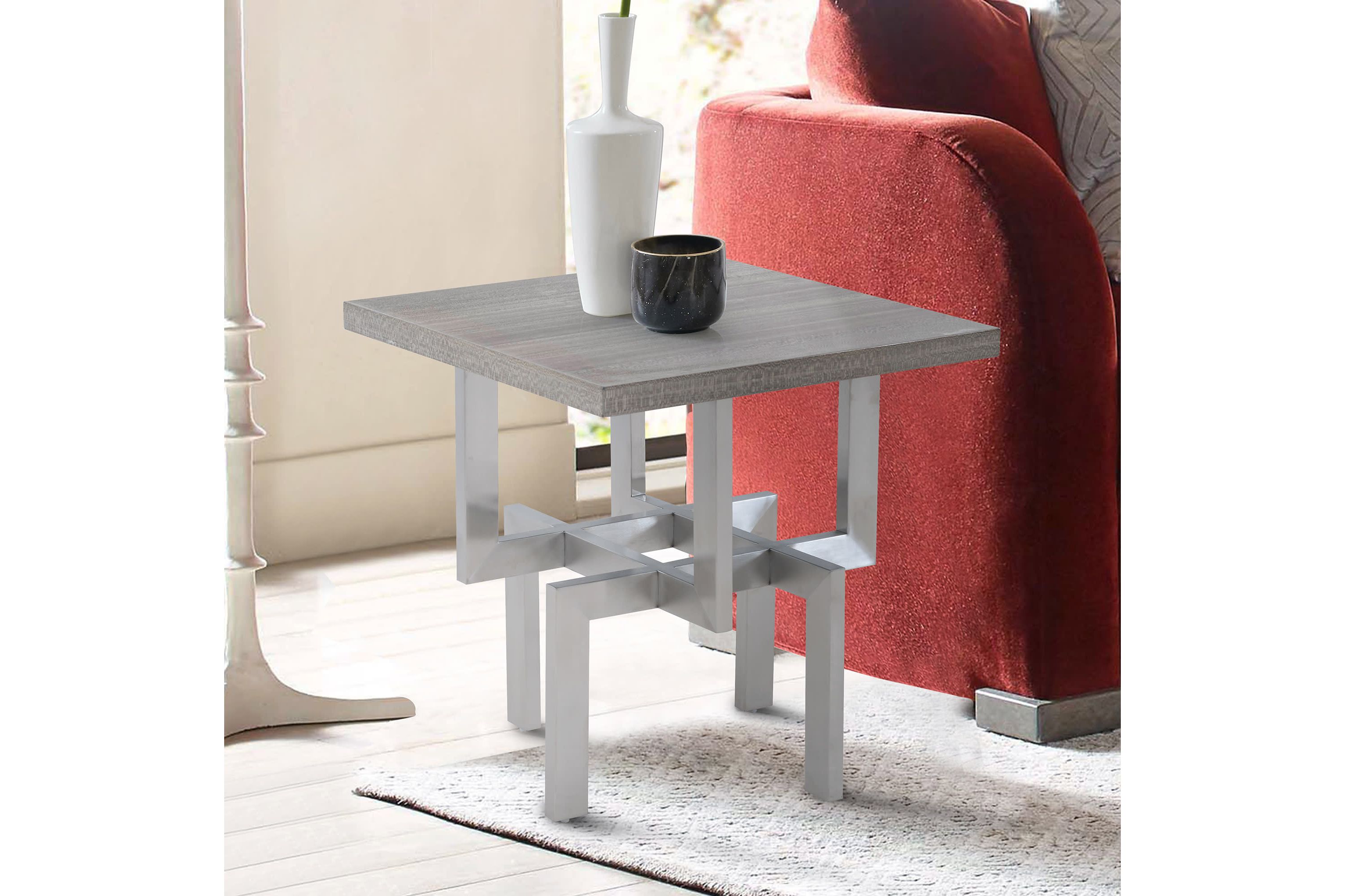Illusion Gray Wood End Table with Brushed Stainless Steel Base