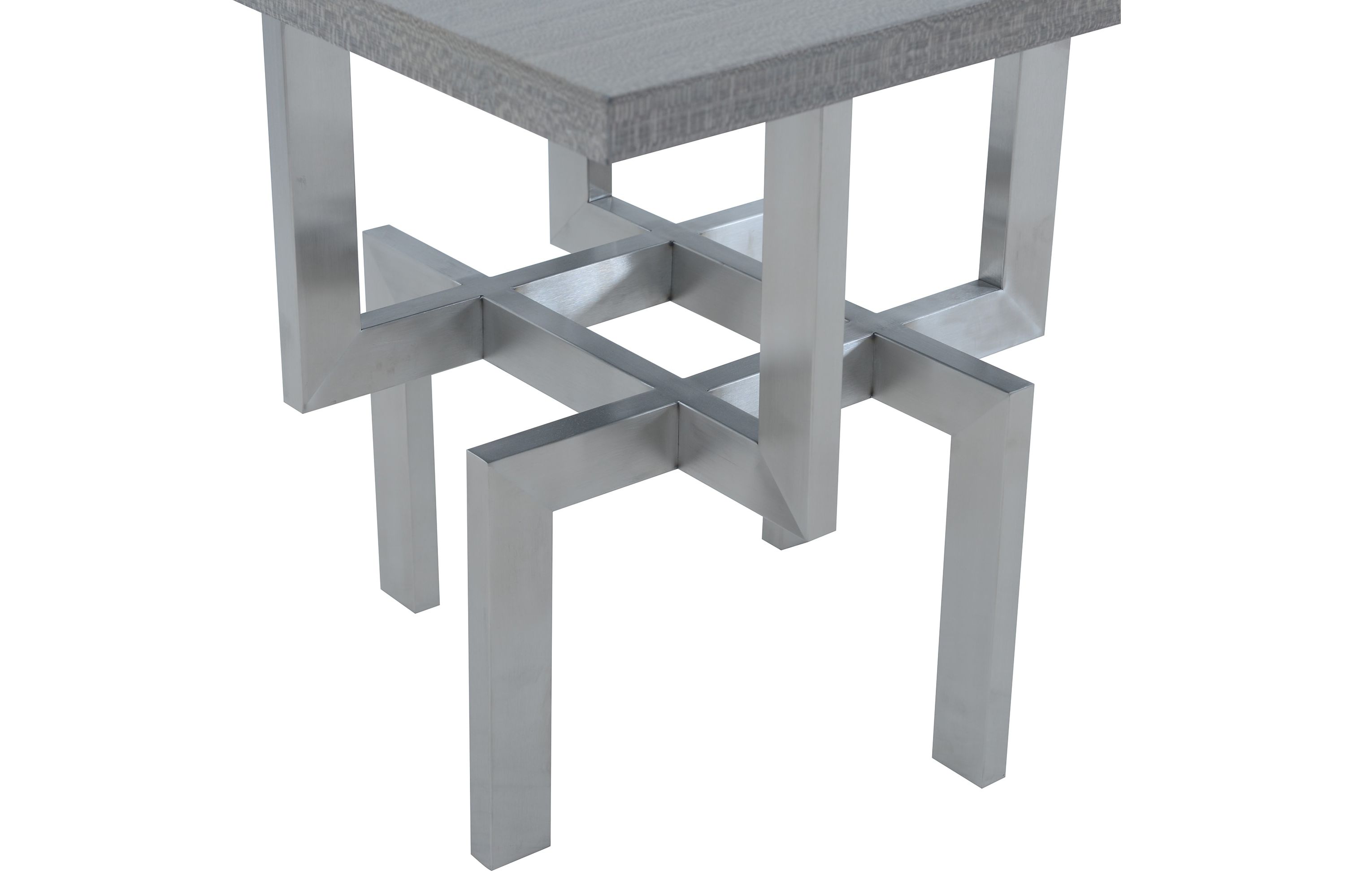 Illusion Gray Wood End Table with Brushed Stainless Steel Base