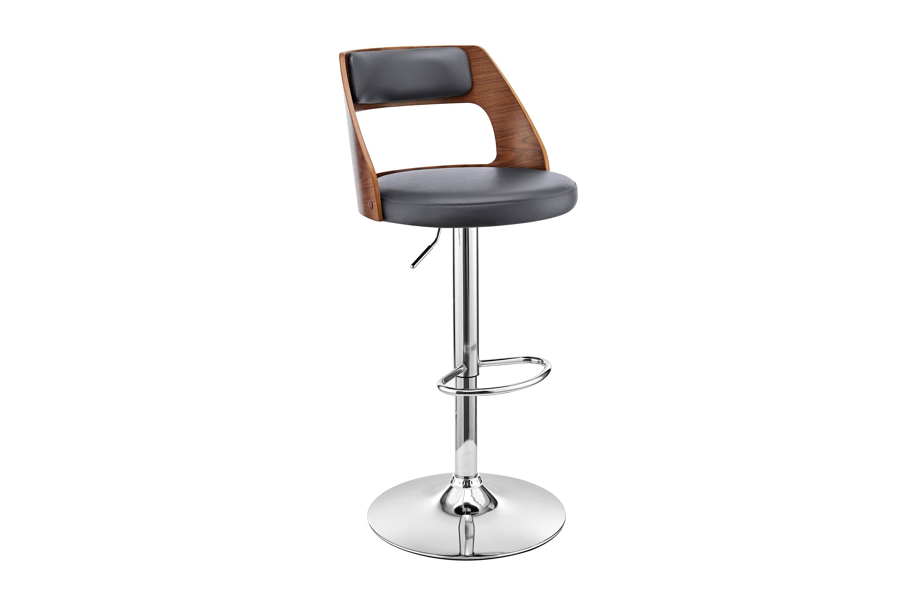 Itzan Adjustable Swivel Gray Faux Leather and Walnut Wood Bar Stool with Chrome Base
