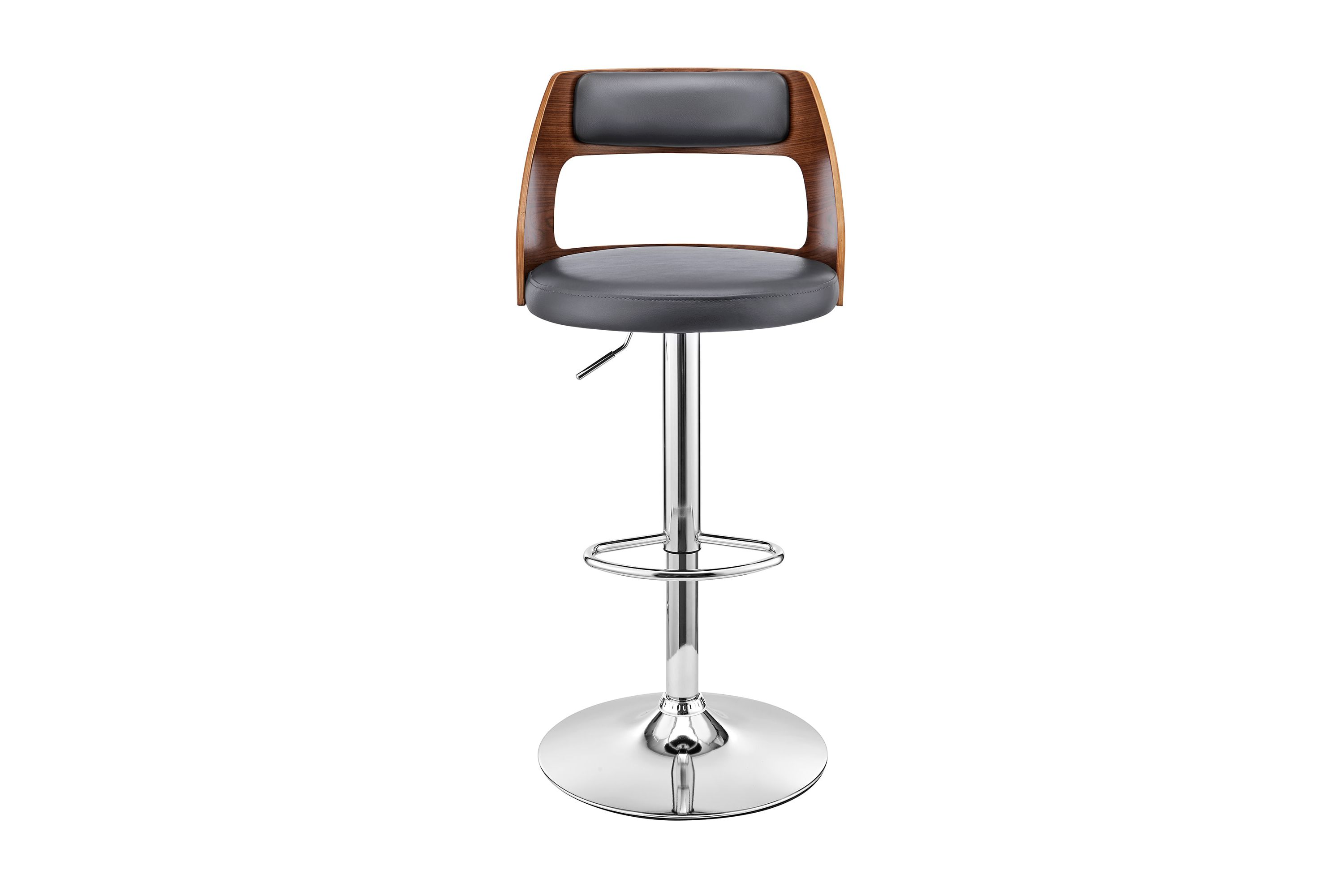 Itzan Adjustable Swivel Gray Faux Leather and Walnut Wood Bar Stool with Chrome Base