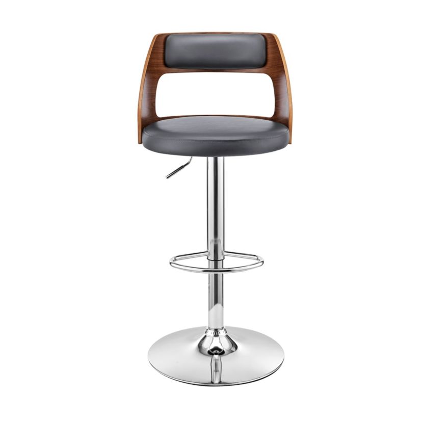 Itzan Adjustable Swivel Gray Faux Leather and Walnut Wood Bar Stool with Chrome Base