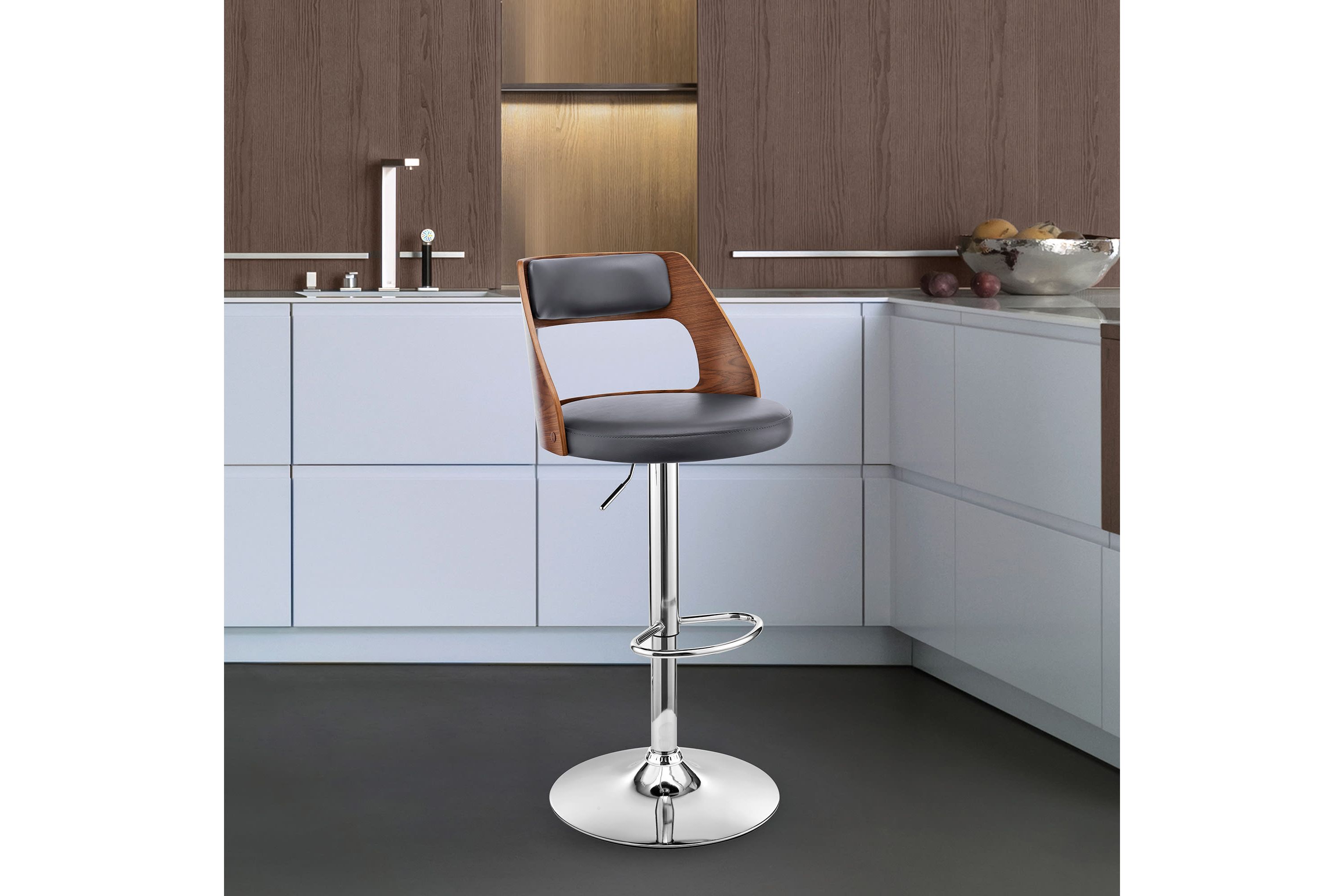 Itzan Adjustable Swivel Gray Faux Leather and Walnut Wood Bar Stool with Chrome Base