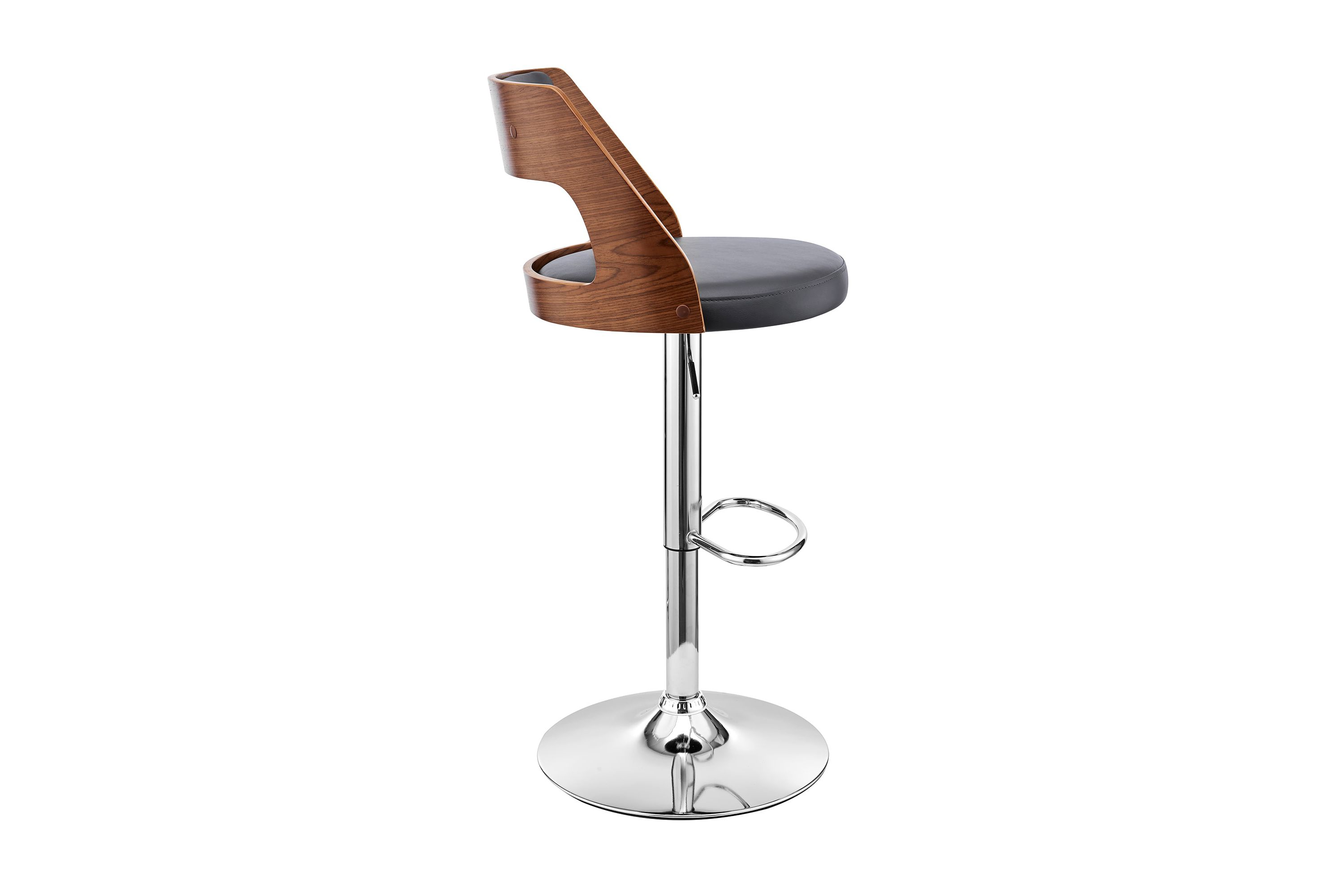 Itzan Adjustable Swivel Gray Faux Leather and Walnut Wood Bar Stool with Chrome Base