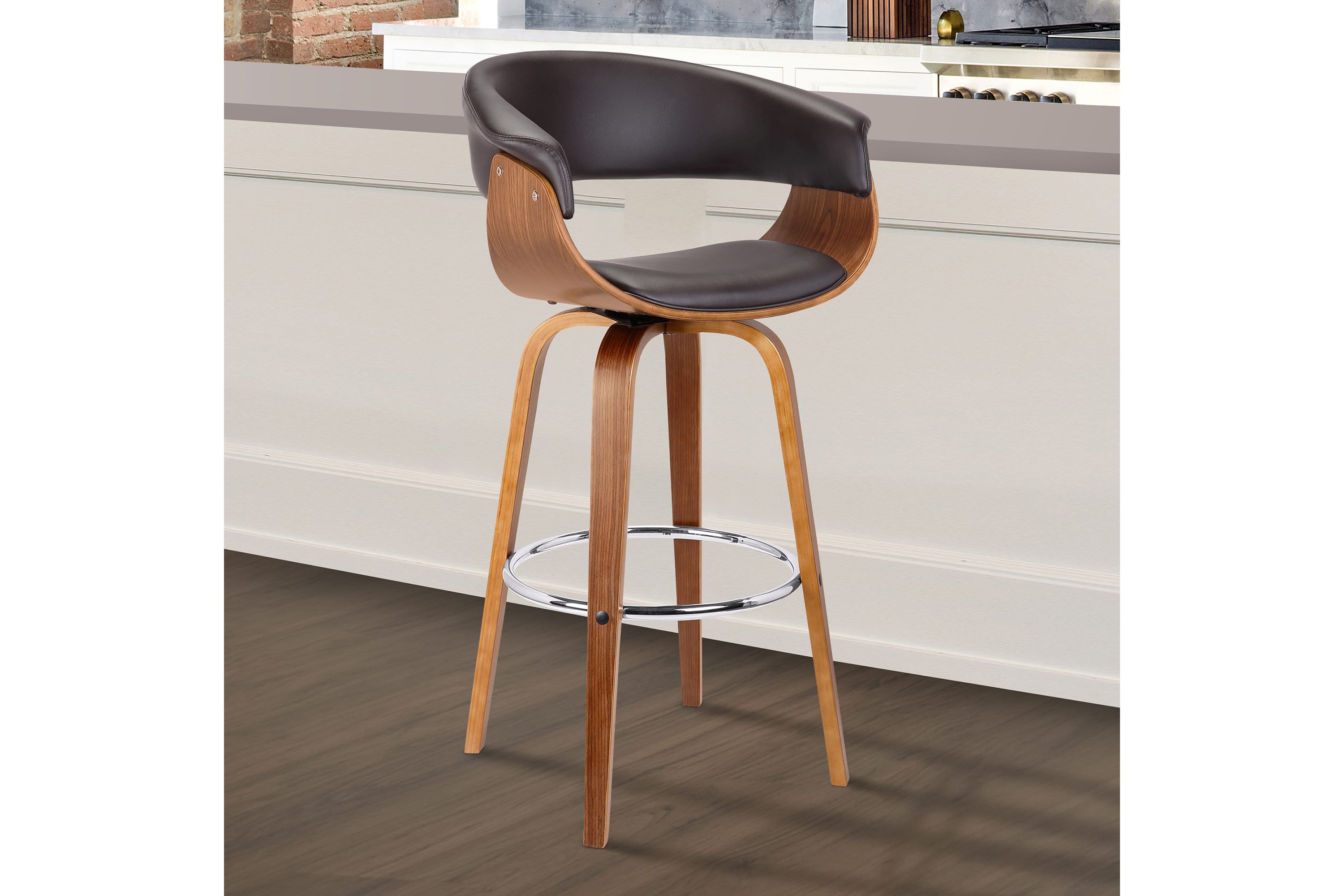 Julyssa 30" Bar Height Swivel Brown Faux Leather and Walnut Wood Bar Stool