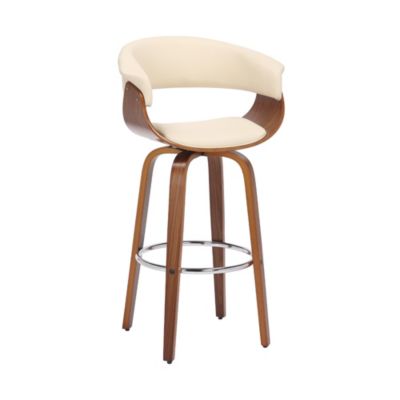 Armen Living Julyssa 30" Bar Height Swivel Cream Faux Leather and Walnut Wood Bar Stool, White
