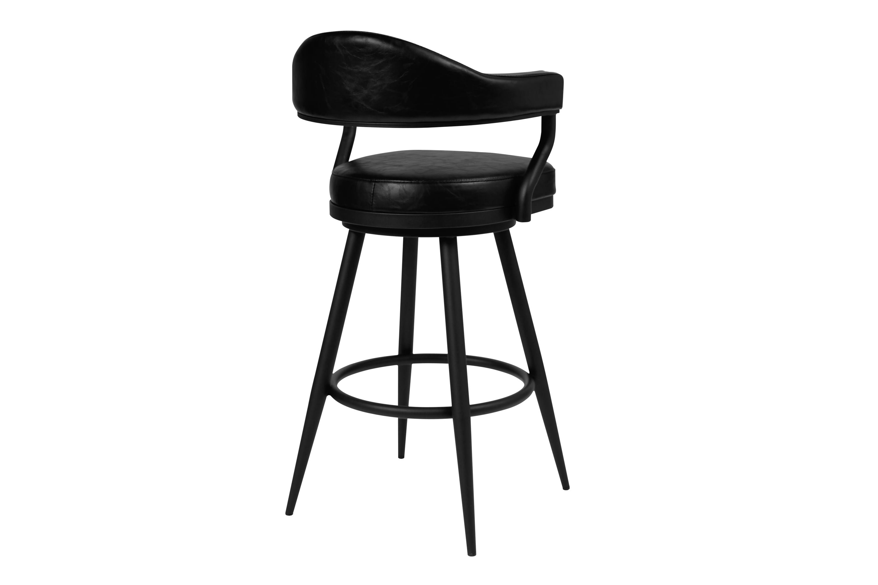 Justin 30" Bar Height Swivel Vintage Black Faux Leather Bar Stool with Black Metal Legs