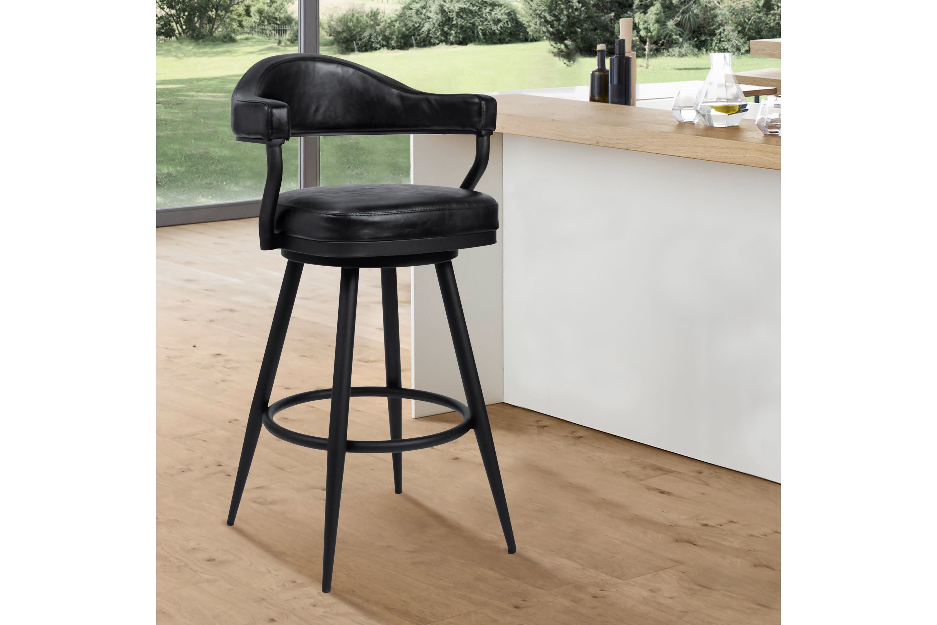 Justin 30" Bar Height Swivel Vintage Black Faux Leather Bar Stool with Black Metal Legs