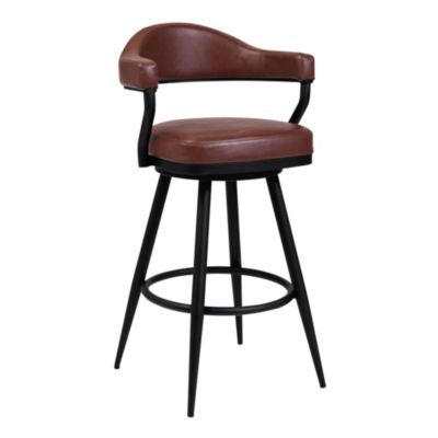 Armen Living Justin 26" Counter Height Swivel Vintage Coffee Faux Leather Bar Stool with Black Metal Legs, Brown