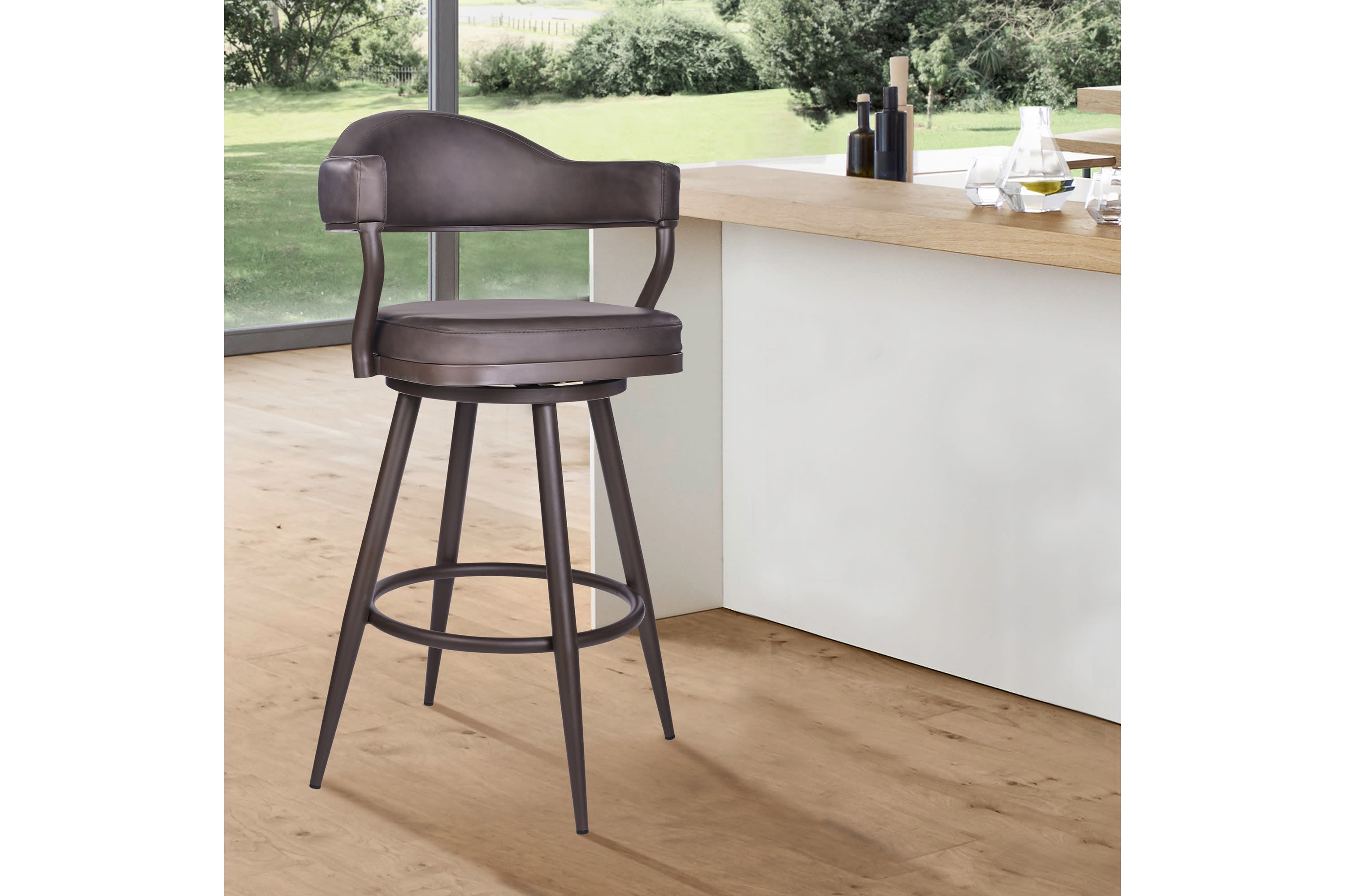 Justin 26" Counter Height Swivel Vintage Brown Faux Leather Bar Stool with Brown Metal Legs