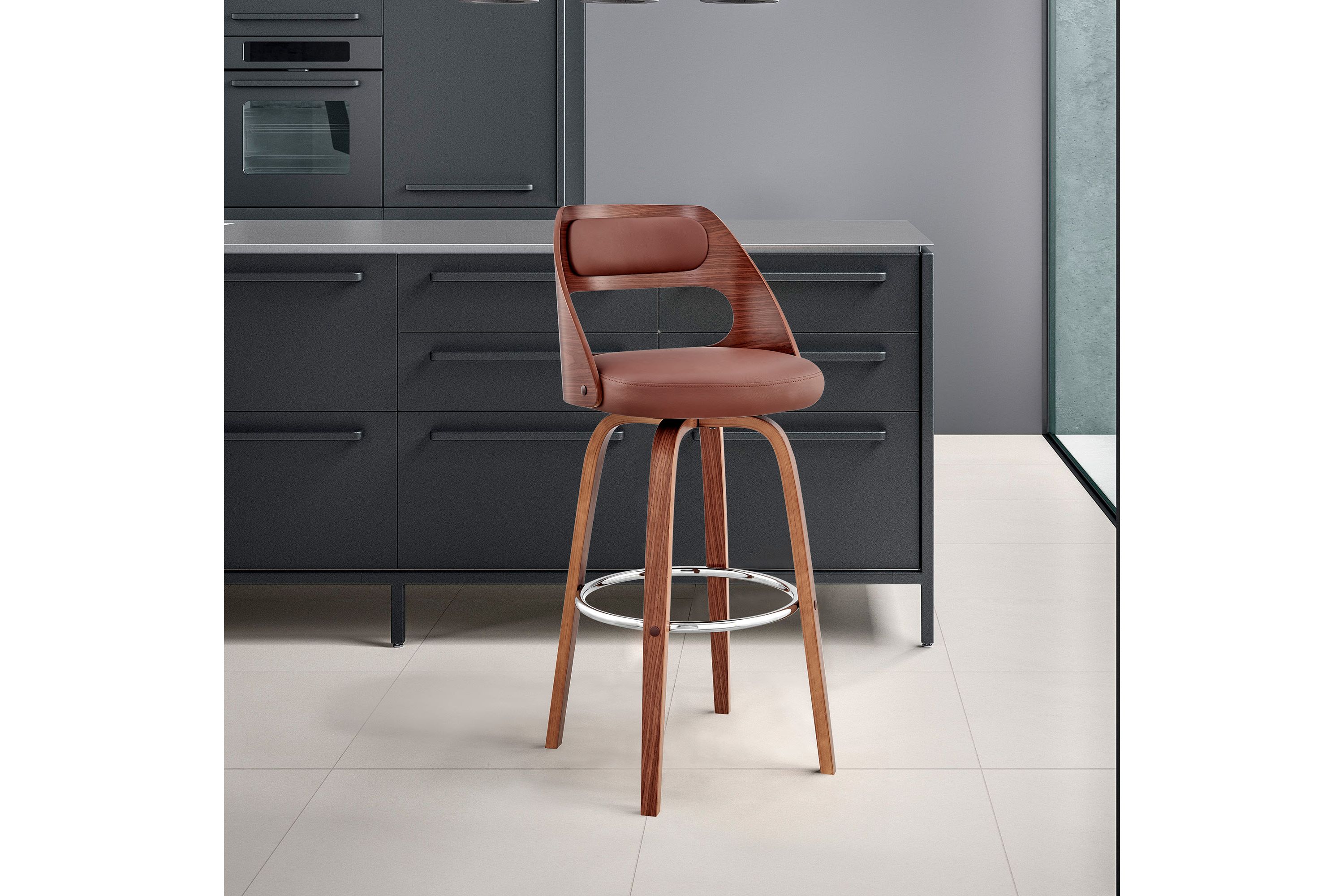 Julius 26" Brown Faux Leather and Walnut Wood Bar Stool