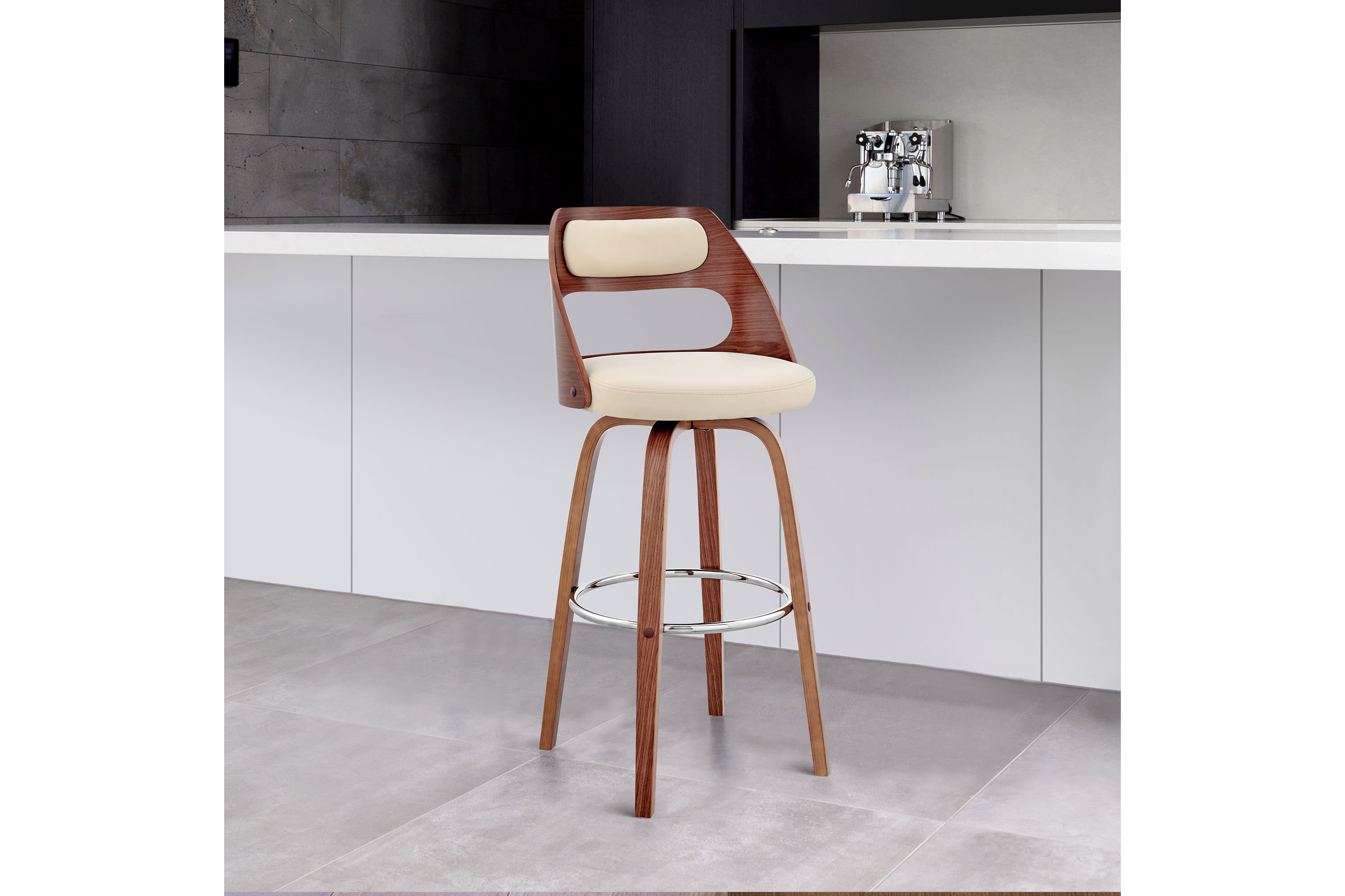 Julius 26" Cream Faux Leather and Walnut Wood Bar Stool