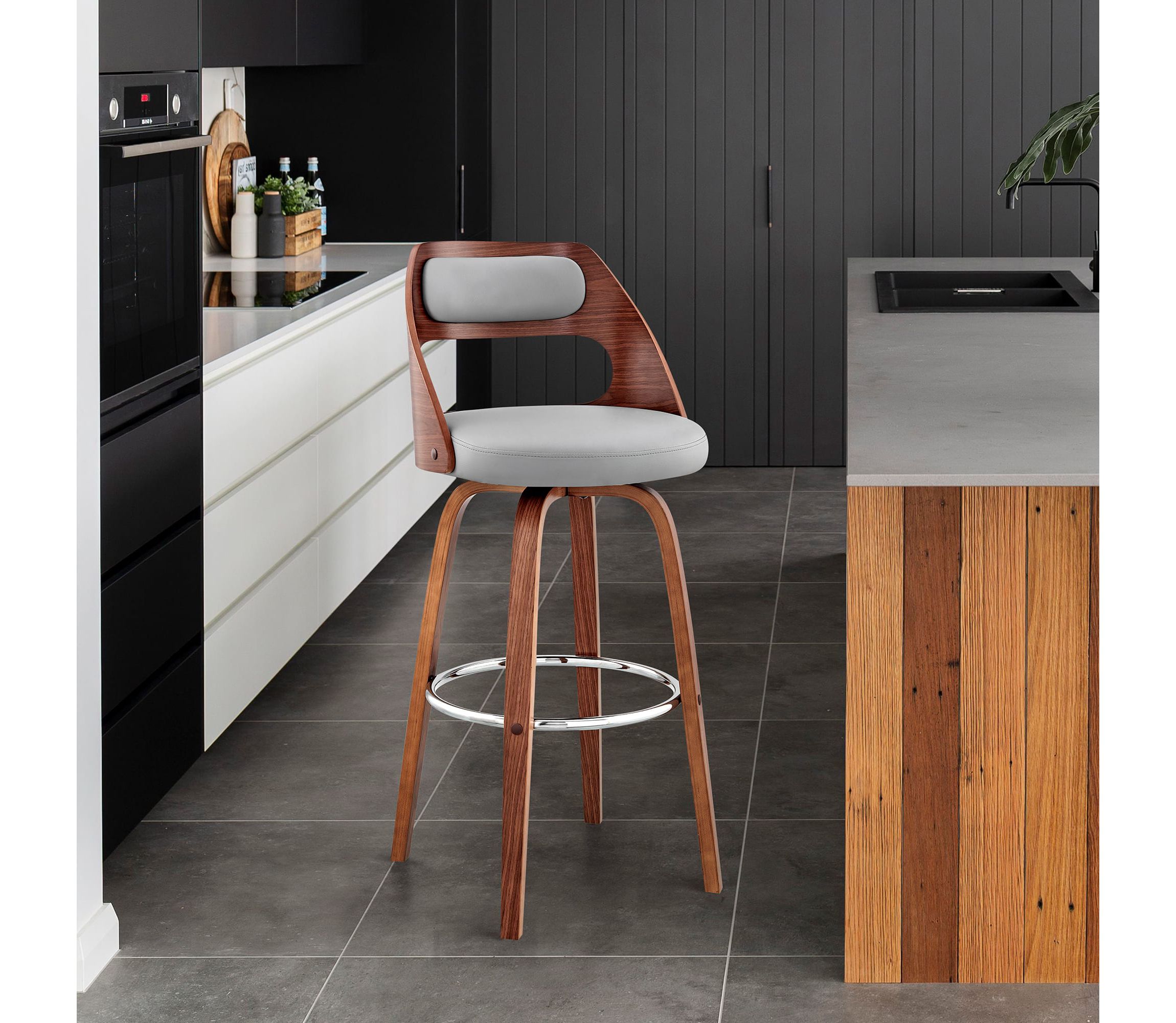 Julius 26" Gray Faux Leather and Walnut Wood Bar Stool