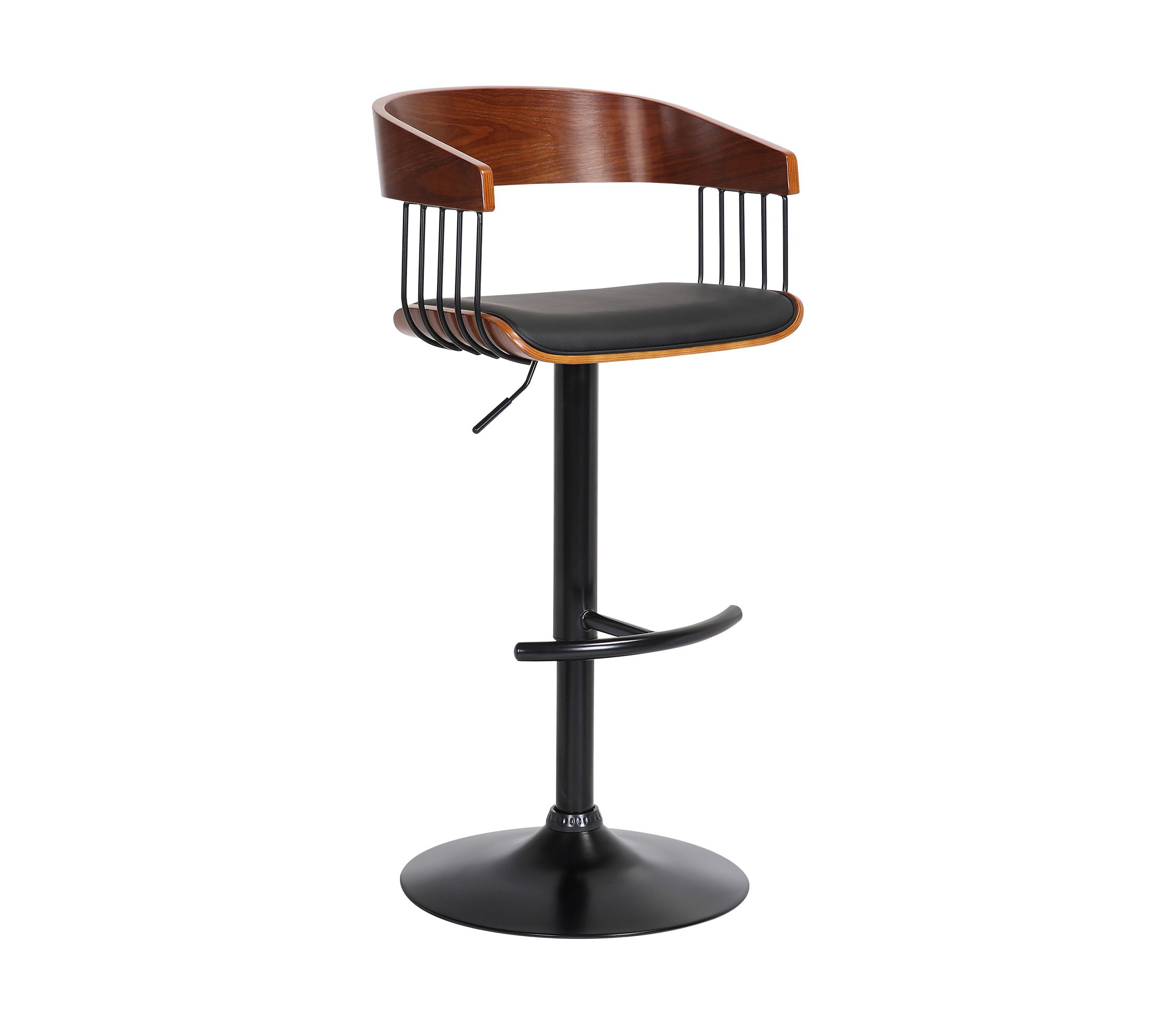 Larisa Adjustable Walnut Wood Bar Stool in Black Faux Leather with Black Metal