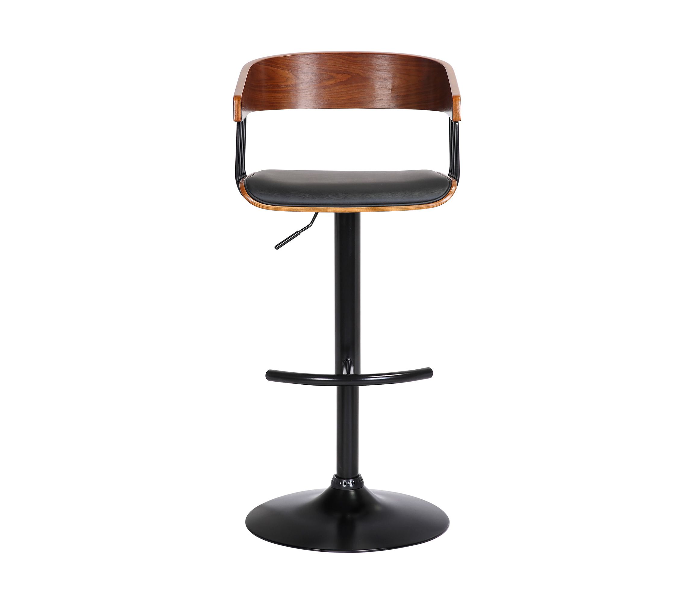 Larisa Adjustable Walnut Wood Bar Stool in Black Faux Leather with Black Metal