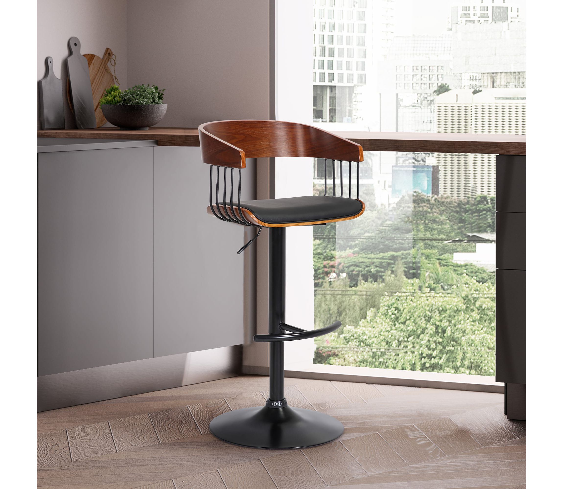 Larisa Adjustable Walnut Wood Bar Stool in Black Faux Leather with Black Metal