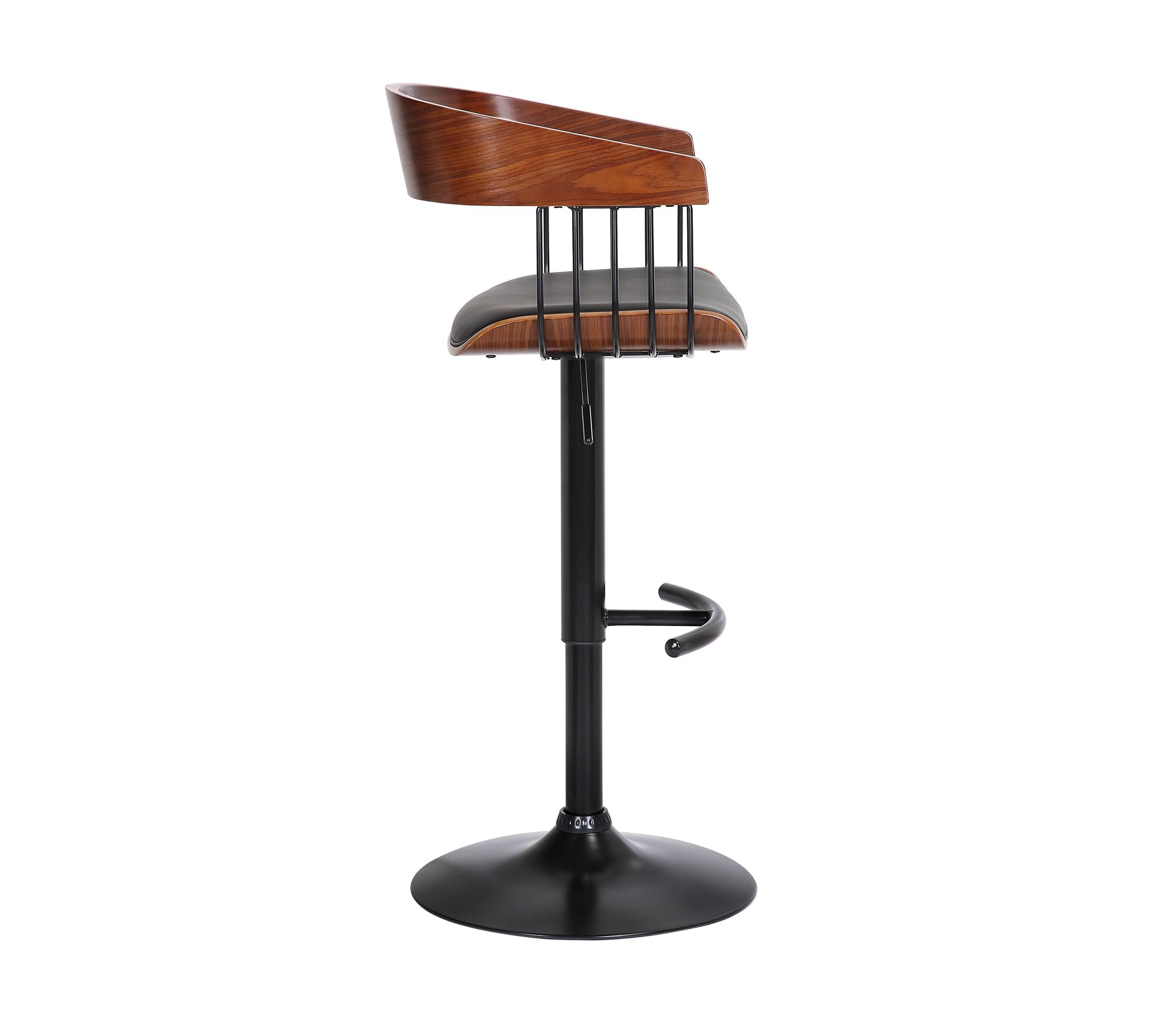 Larisa Adjustable Walnut Wood Bar Stool in Black Faux Leather with Black Metal