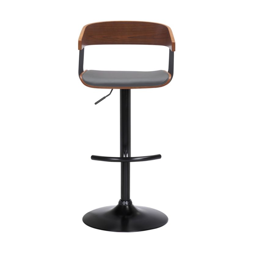 Larisa Adjustable Walnut Wood Bar Stool in Gray Faux Leather with Black Metal
