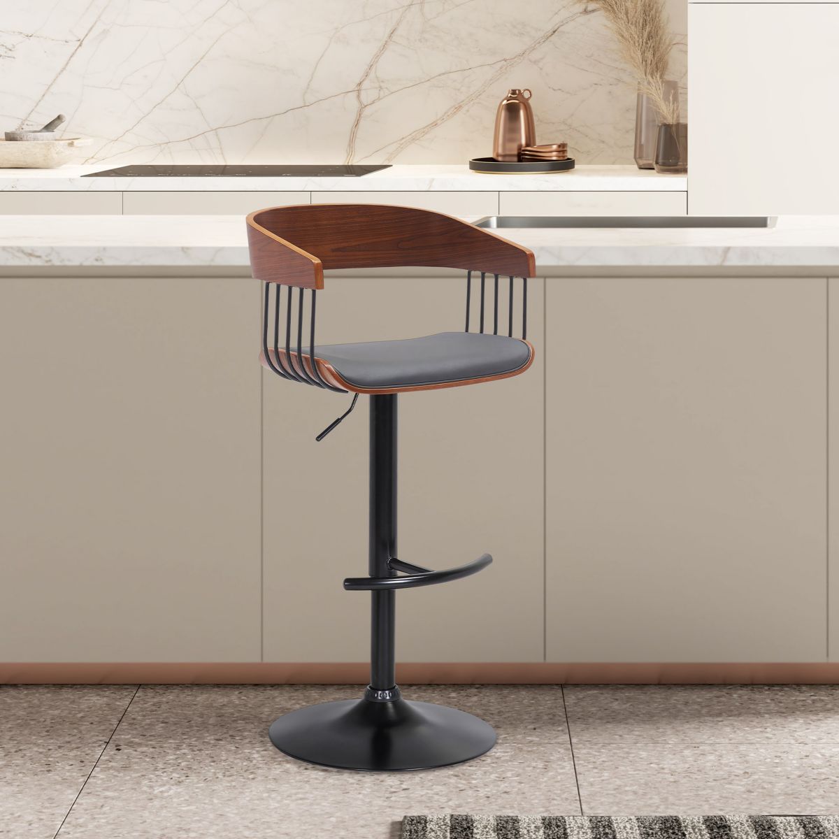 Larisa Adjustable Walnut Wood Bar Stool in Gray Faux Leather with Black Metal
