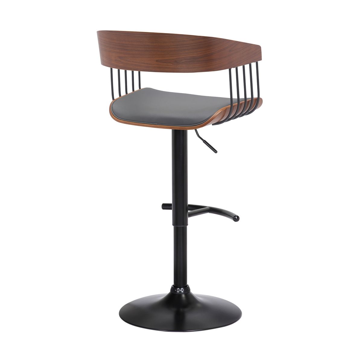 Larisa Adjustable Walnut Wood Bar Stool in Gray Faux Leather with Black Metal