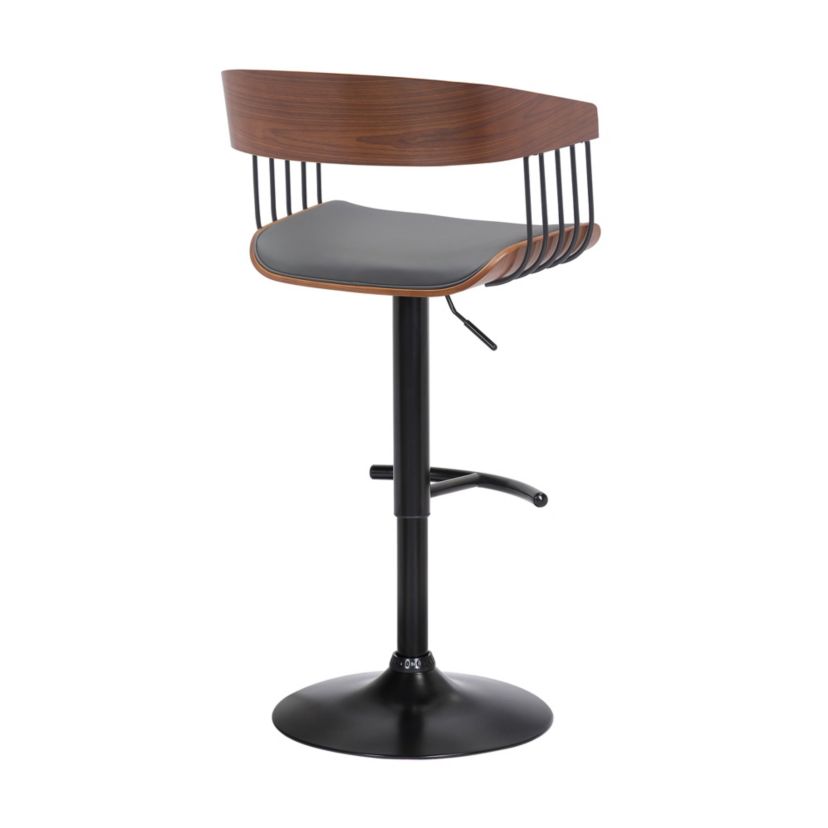 Larisa Adjustable Walnut Wood Bar Stool in Gray Faux Leather with Black Metal