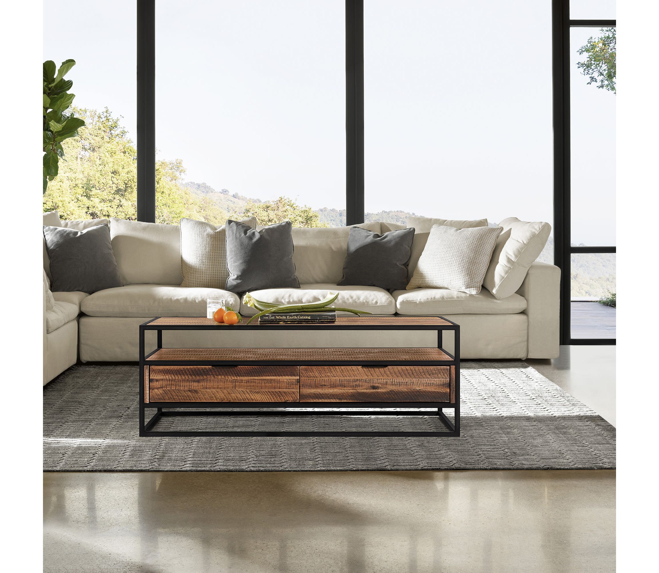 Ludgate Rectangle Coffee Table with Shelf in Acacia and Black Metal