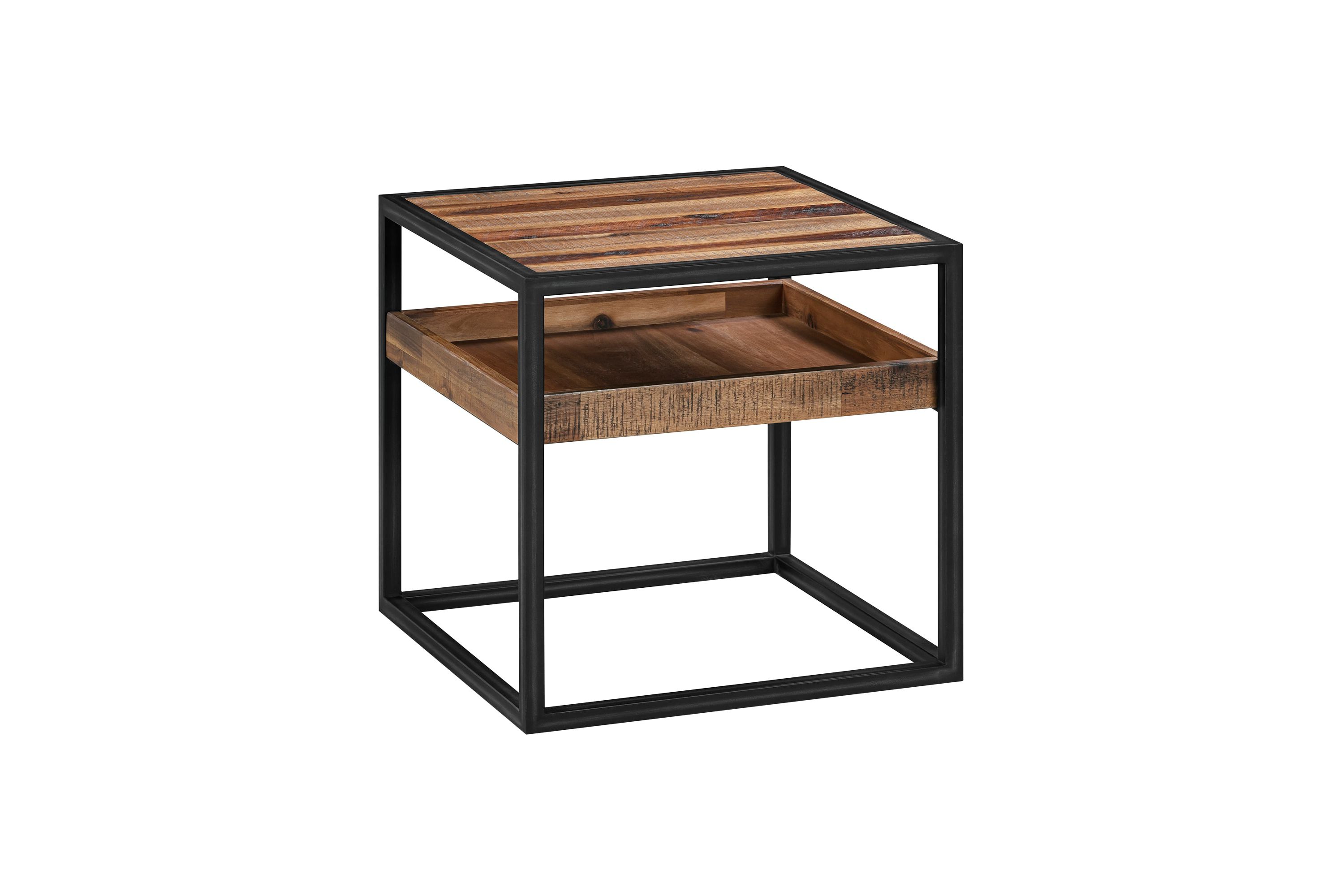 Ludgate Square End Table with Shelf in Acacia and Black Metal