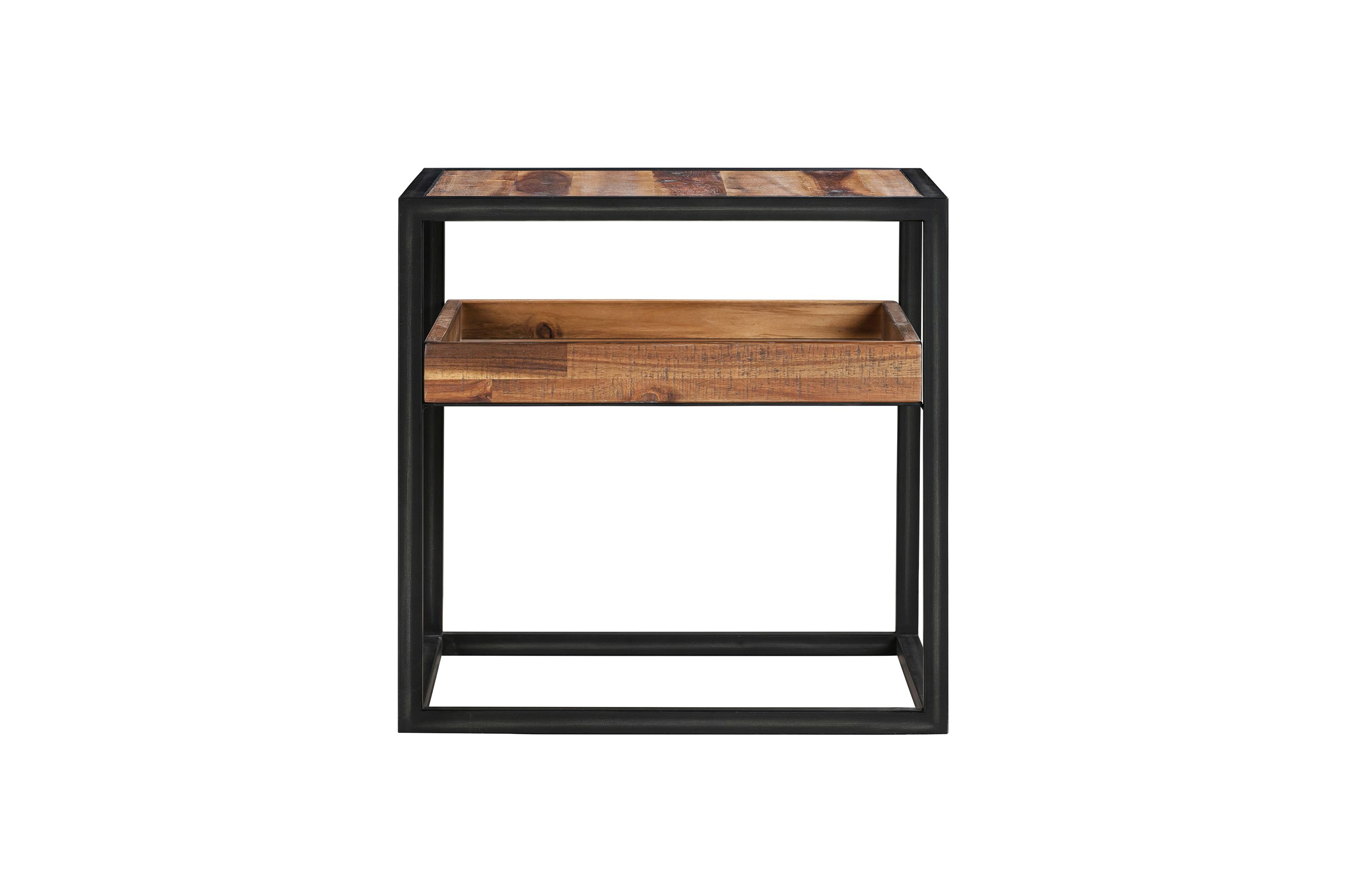 Ludgate Square End Table with Shelf in Acacia and Black Metal