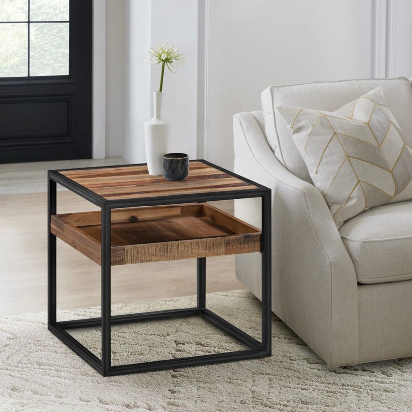 Ludgate Square End Table with Shelf in Acacia and Black Metal