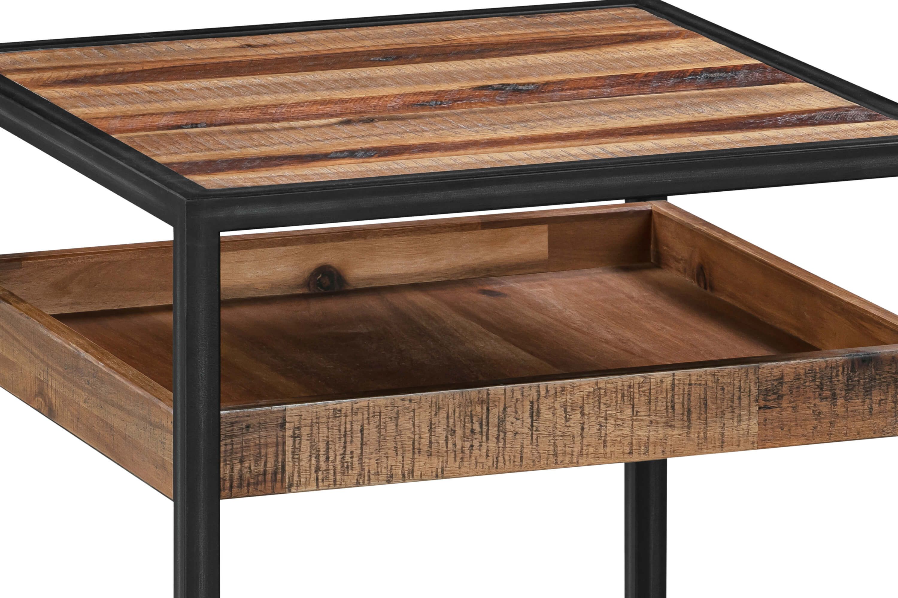 Ludgate Square End Table with Shelf in Acacia and Black Metal