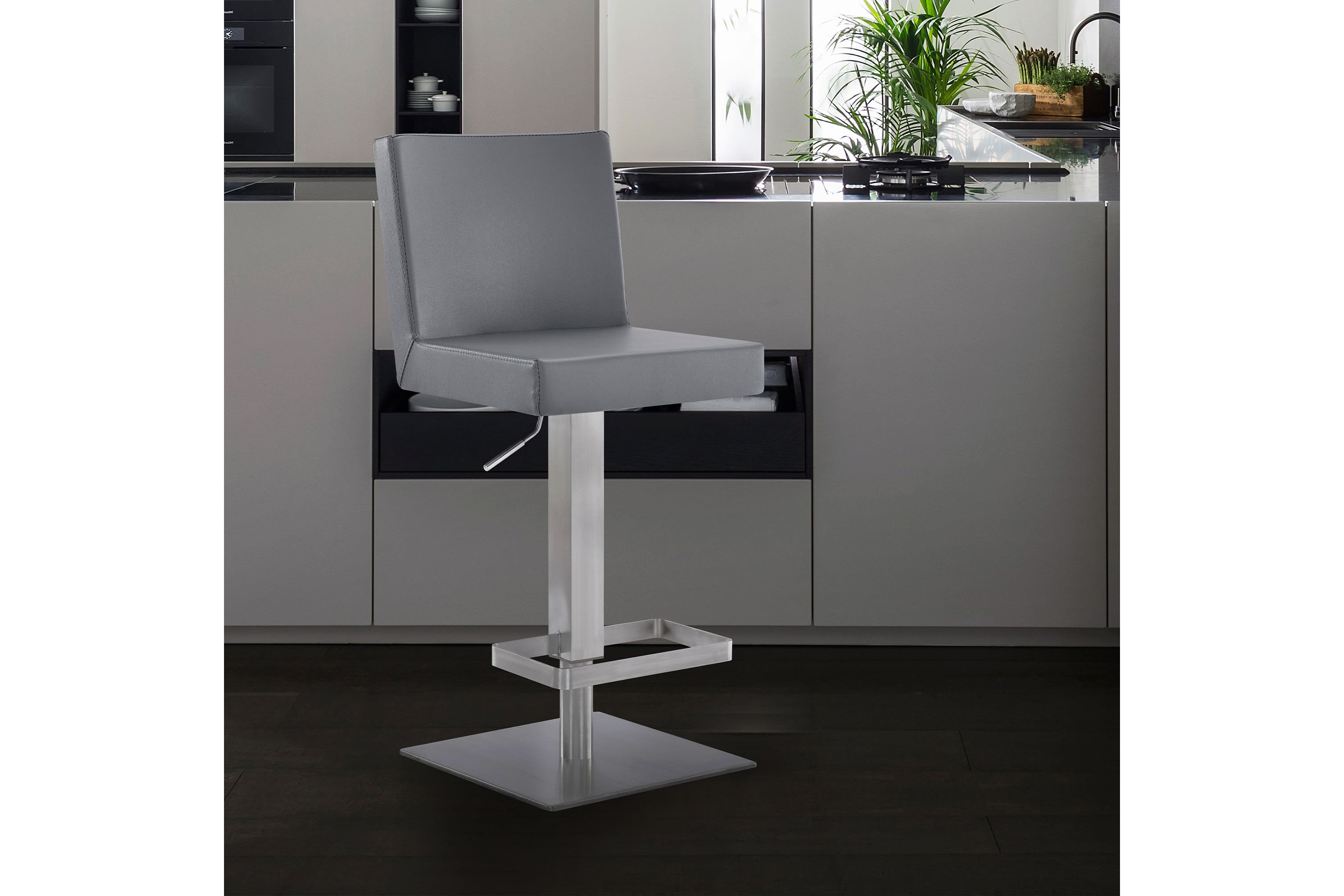 Legacy Adjustable Height Swivel Gray Faux Leather and Brushed Stainless Steel Bar Stool