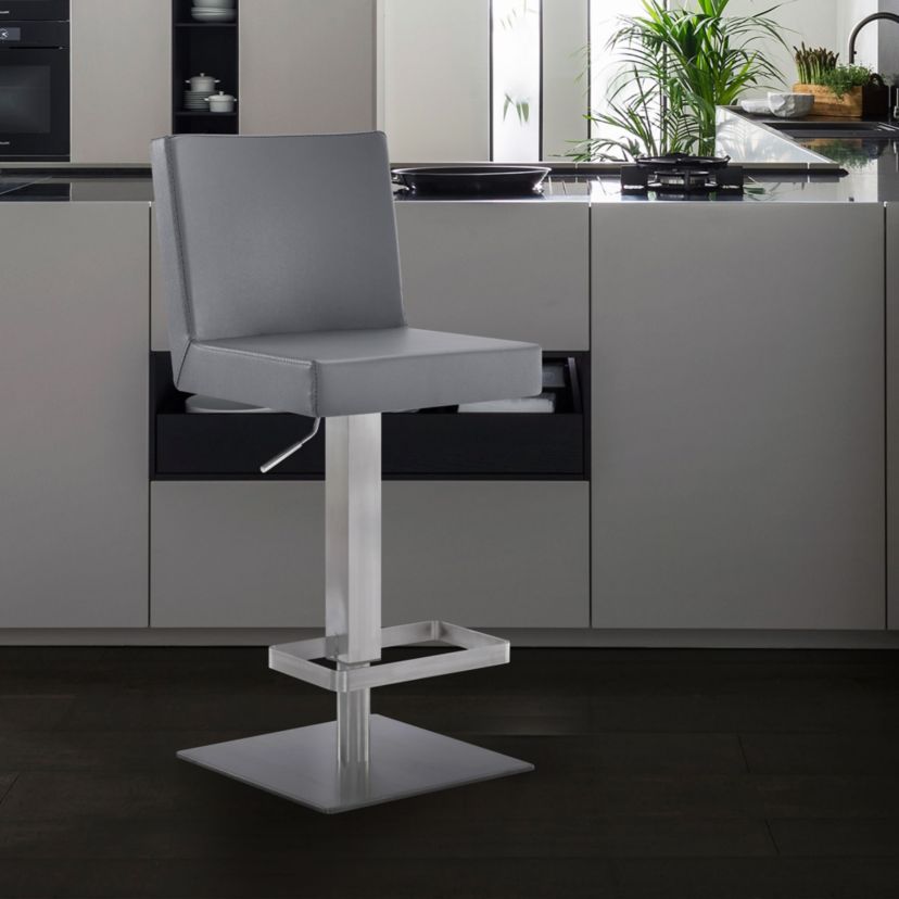 Legacy Adjustable Height Swivel Gray Faux Leather and Brushed Stainless Steel Bar Stool