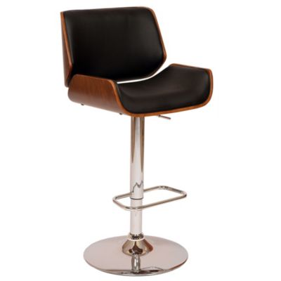 Armen Living London Black Faux Leather Adjustable Height Swivel Walnut Wood and Chrome Bar Stool