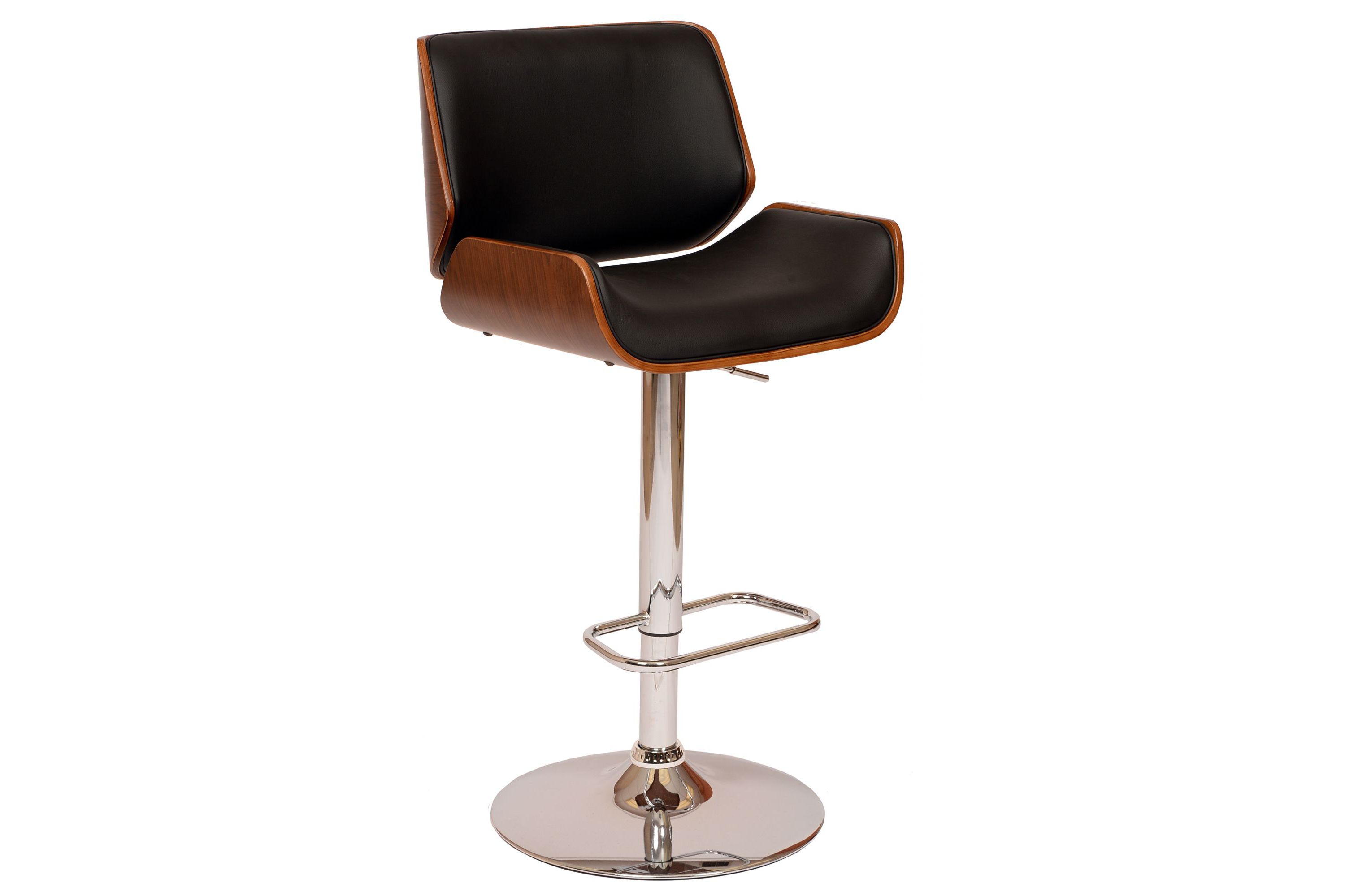 London Black Faux Leather Adjustable Height Swivel Walnut Wood and Chrome Bar Stool