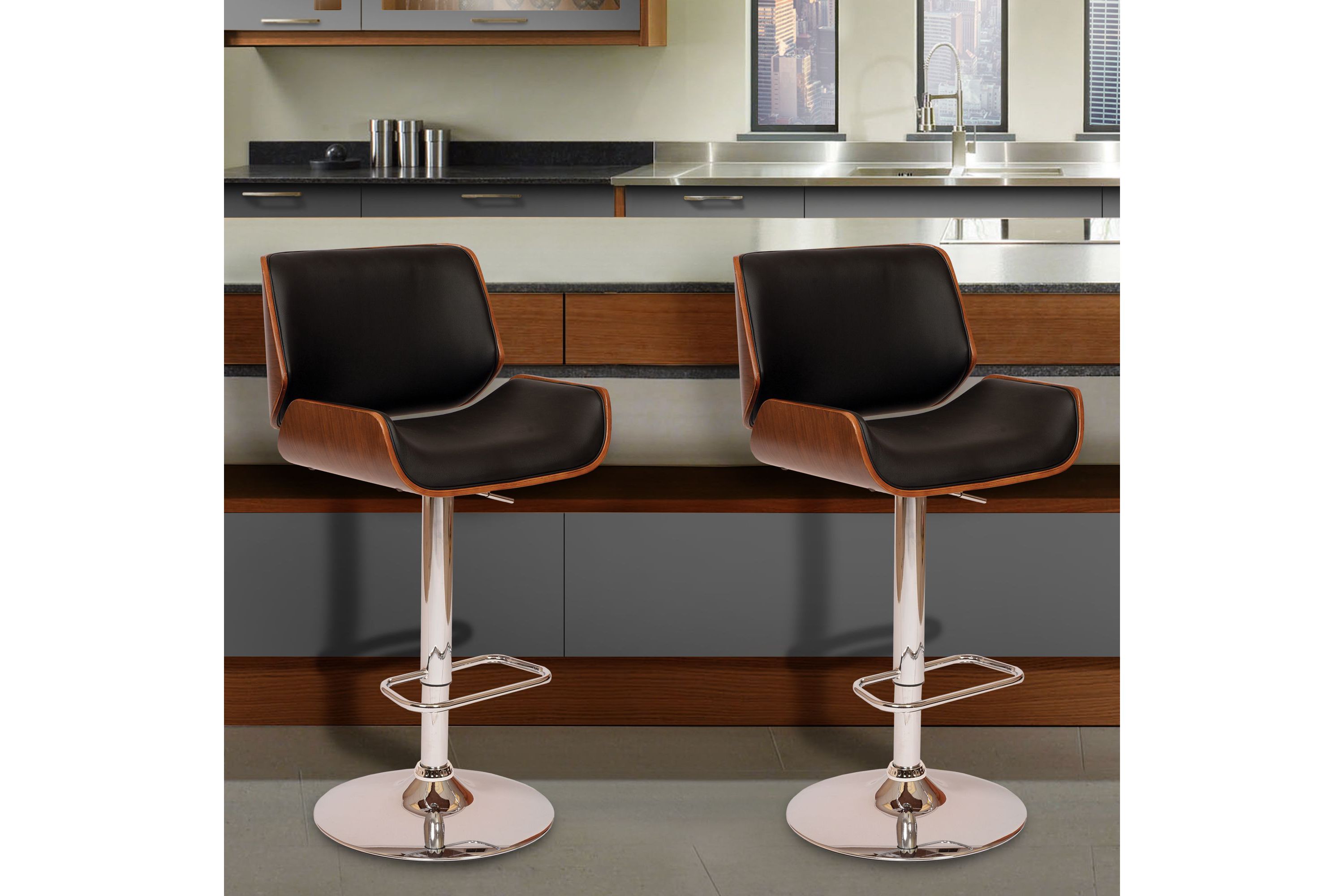 London Black Faux Leather Adjustable Height Swivel Walnut Wood and Chrome Bar Stool