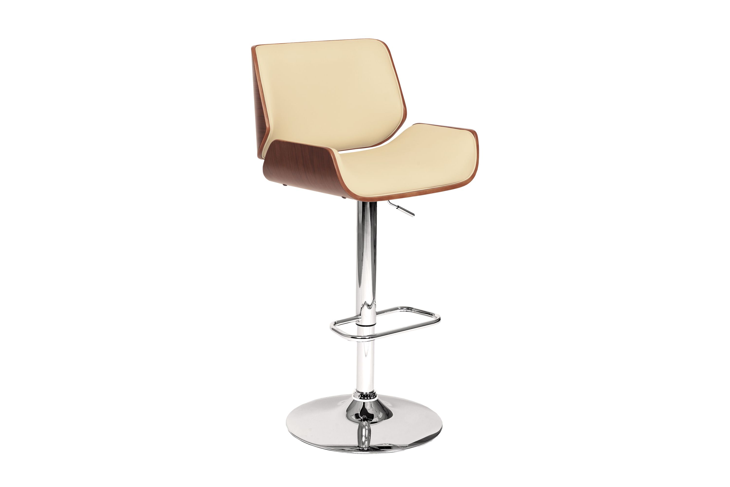 London Cream Faux Leather Adjustable Height Swivel Walnut Wood and Chrome Bar Stool
