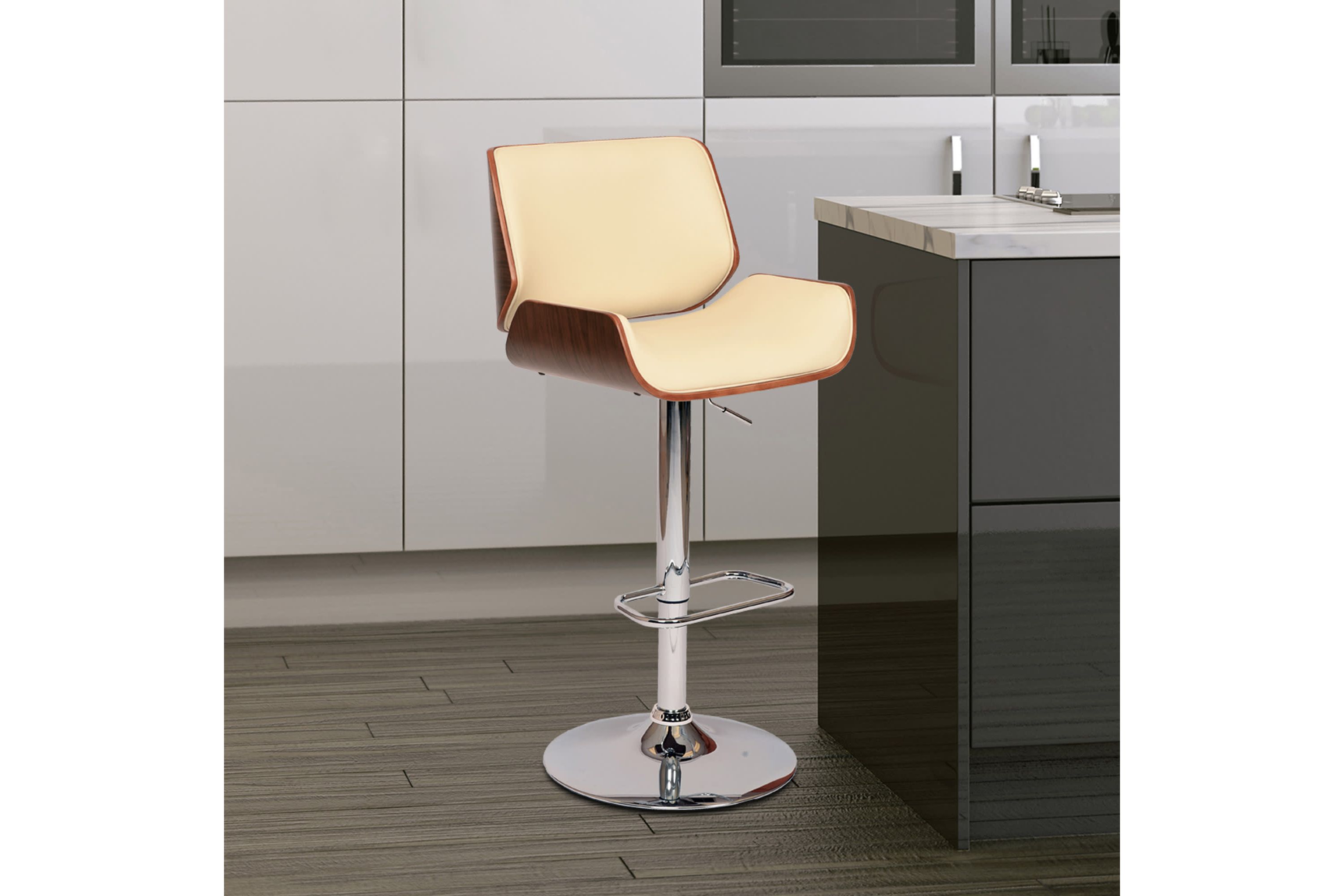 London Cream Faux Leather Adjustable Height Swivel Walnut Wood and Chrome Bar Stool