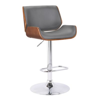 Armen Living London Grey Faux Leather Adjustable Height Swivel Walnut Wood and Chrome Bar Stool, Gray