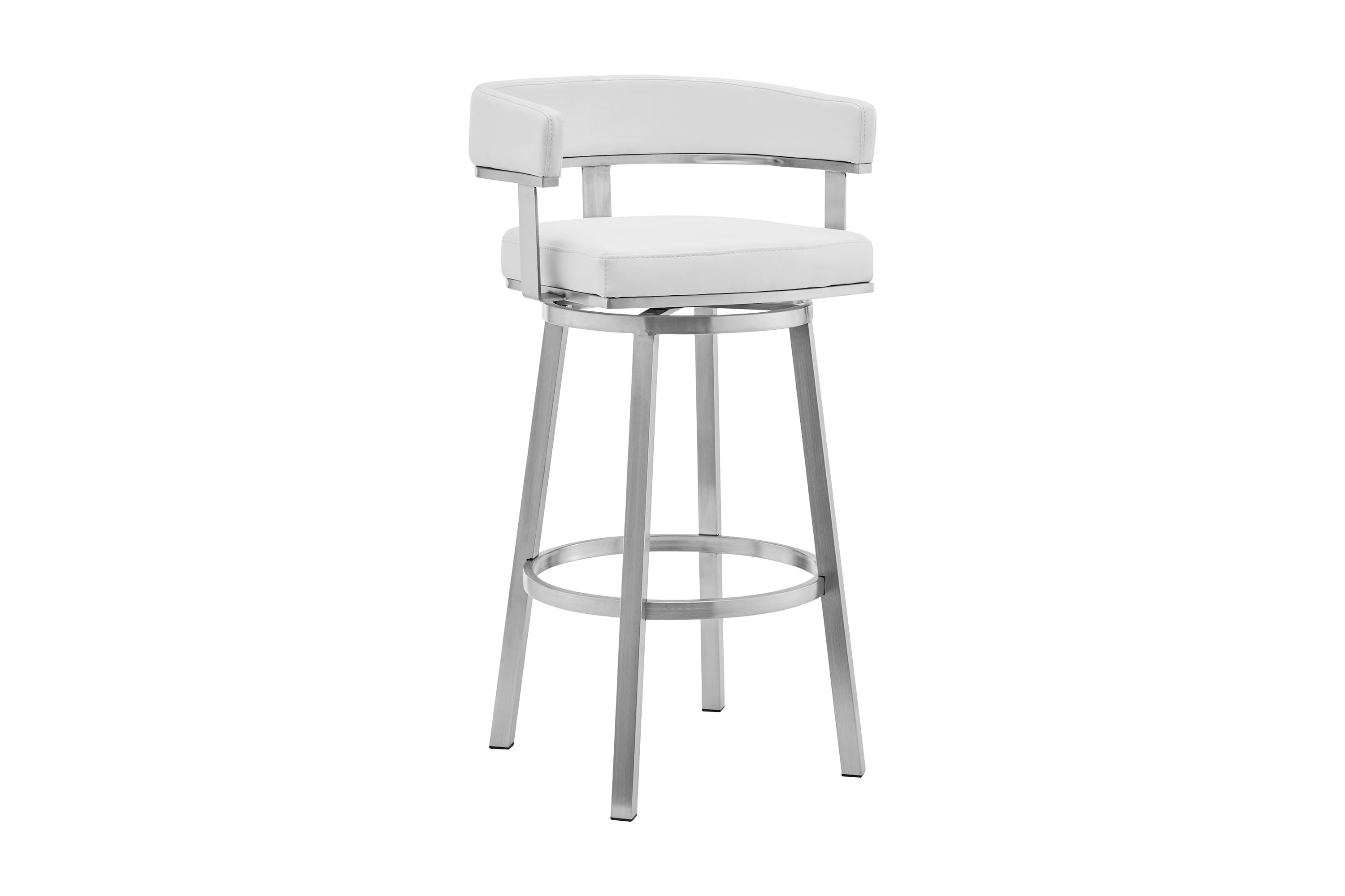 Lorin 26" White Faux Leather and Brushed Stainless Steel Swivel Bar Stool